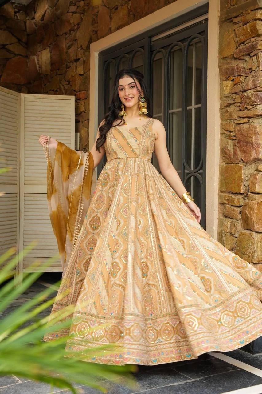 Jimmy Organza Silk Digital Printed Anarkali Gown with Huge Flair | RoopRivaaj