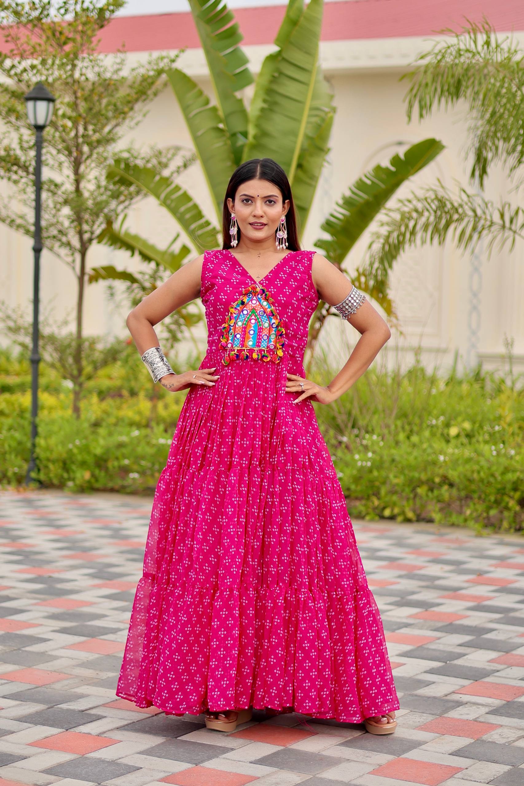 Navratri Gamathi Work Gown with Mirror Embroidery | RoopRivaaj