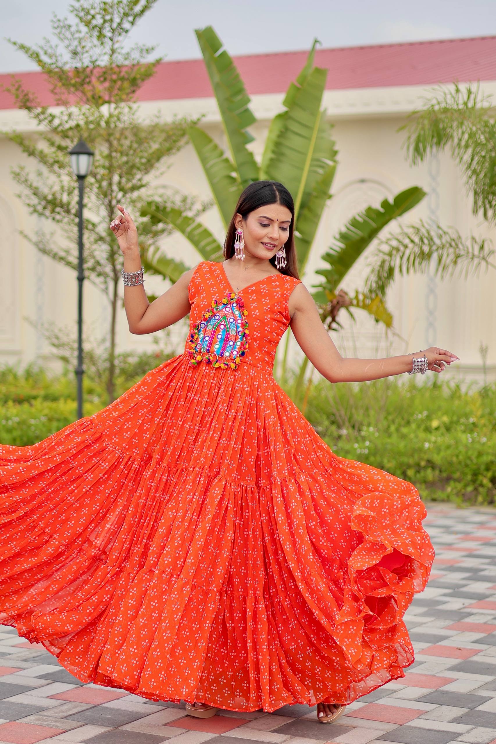 Navratri Gamathi Work Gown with Mirror Embroidery | RoopRivaaj