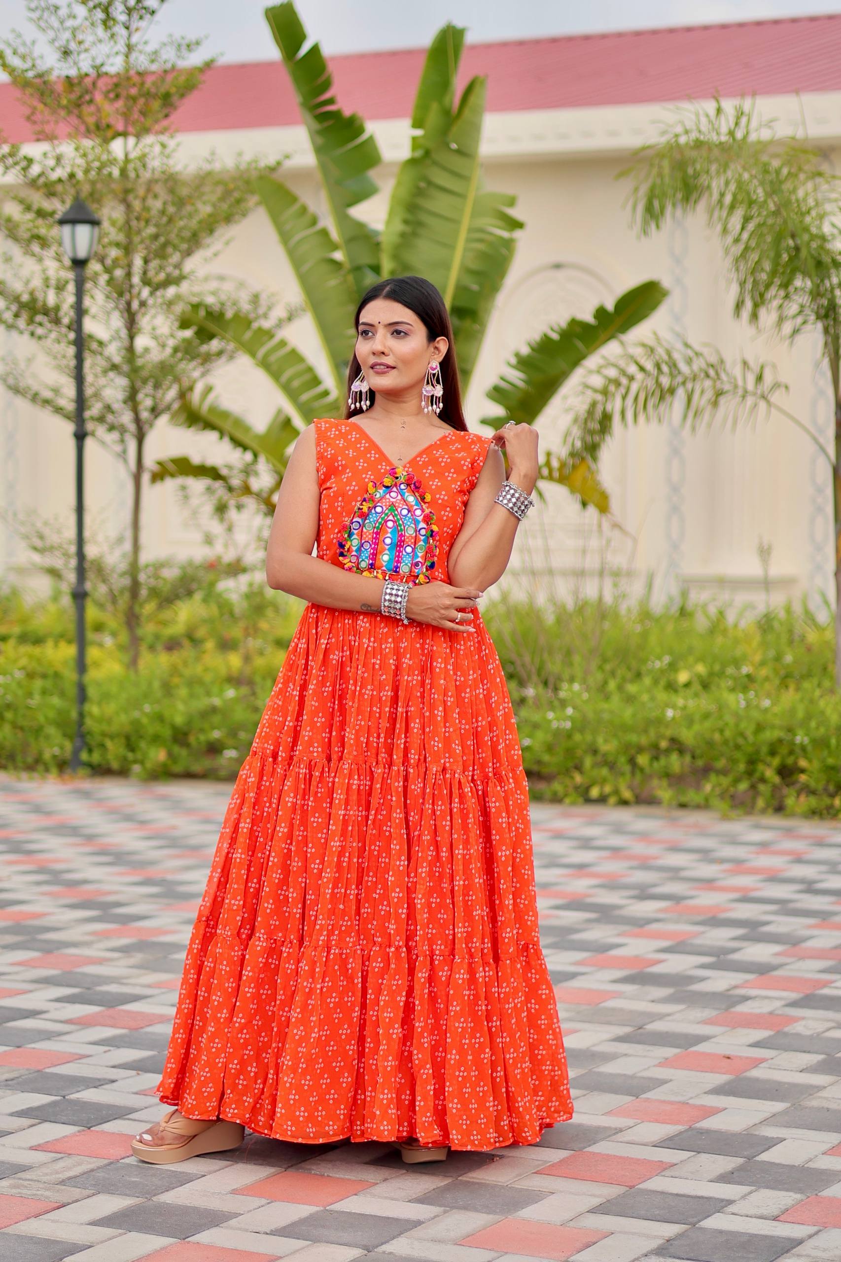 Navratri Gamathi Work Gown with Mirror Embroidery | RoopRivaaj