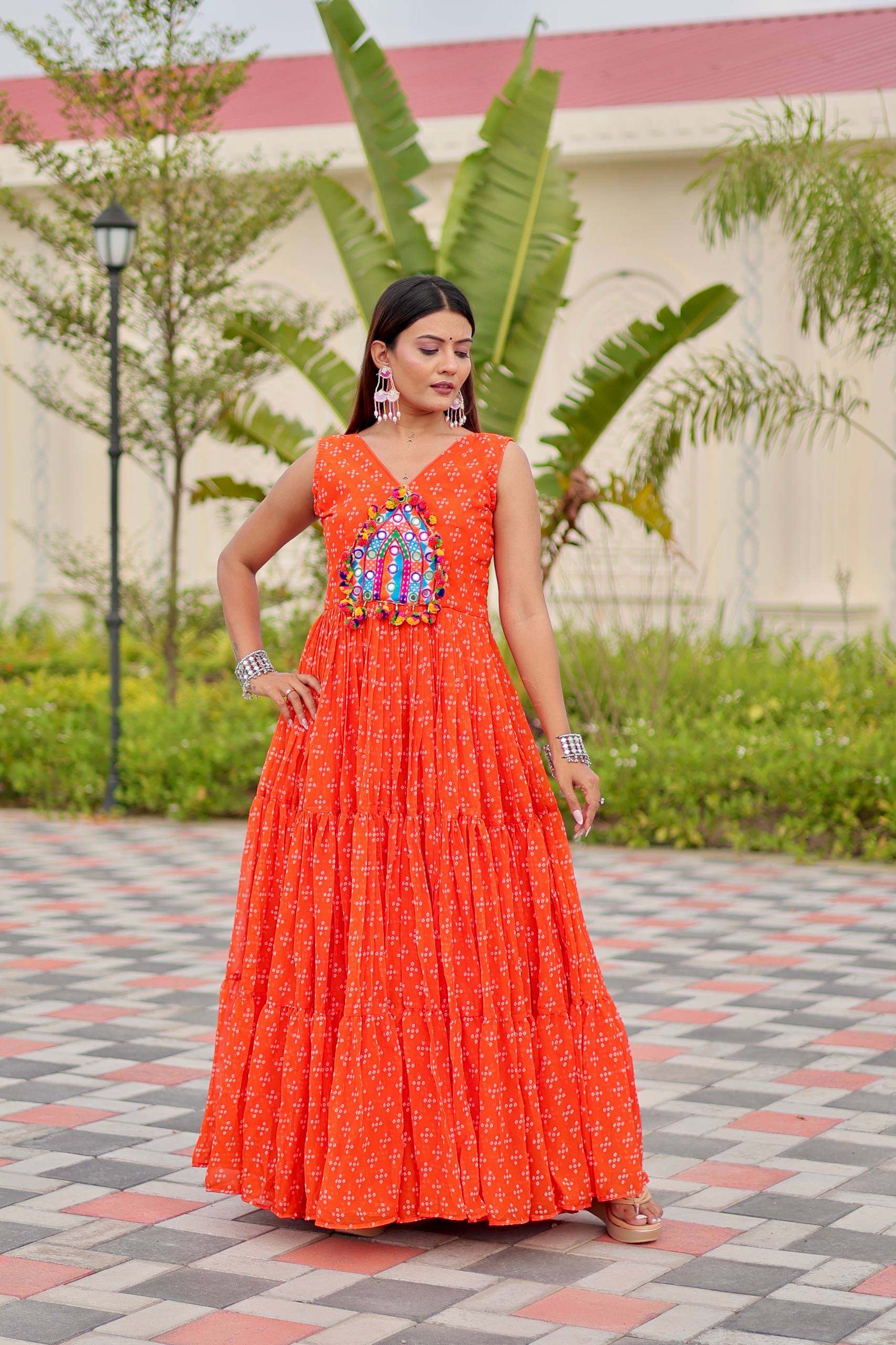 Navratri Gamathi Work Gown with Mirror Embroidery | RoopRivaaj