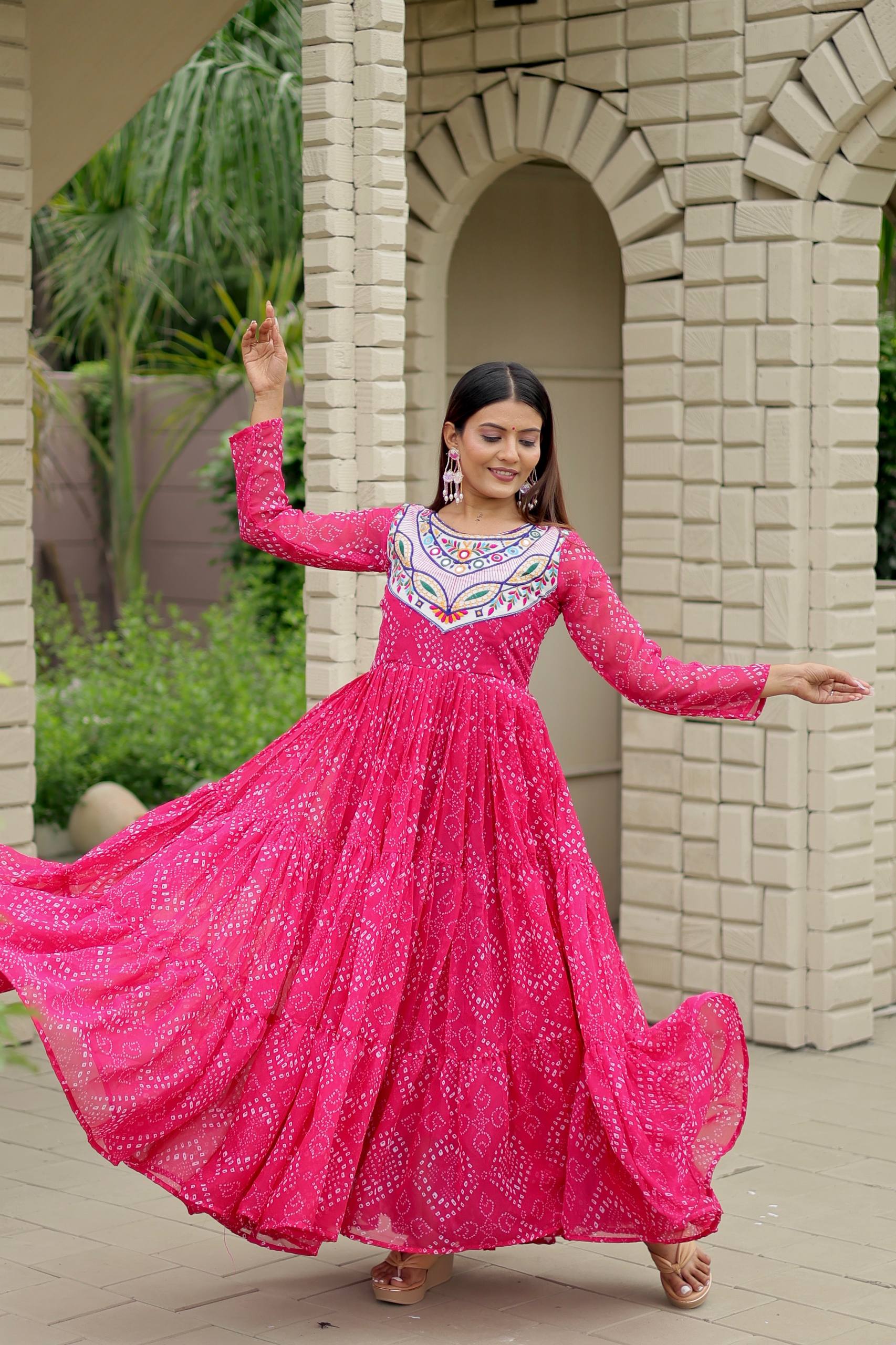 Embroidered Faux Georgette Navratri Special Gown with Real Mirror Work | RoopRivaaj