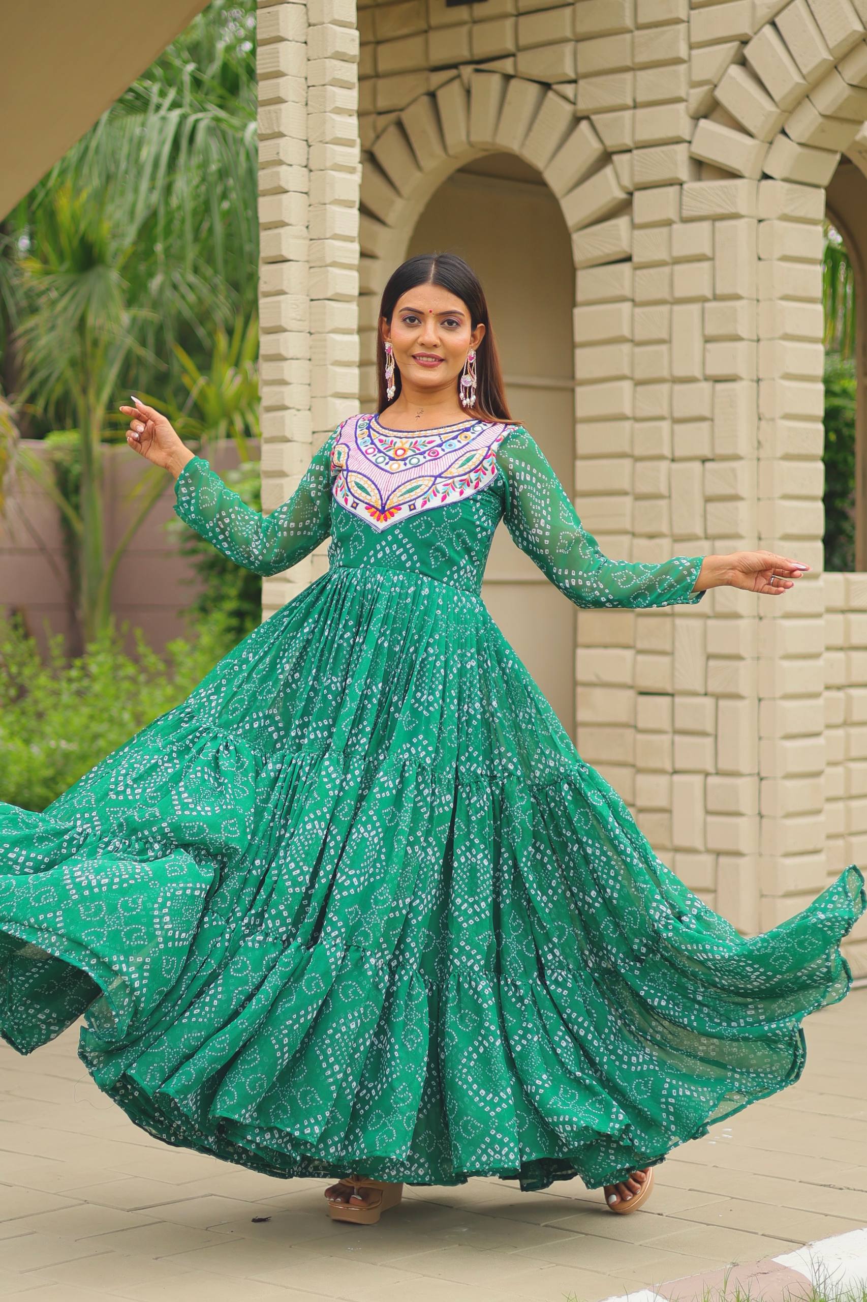 Embroidered Faux Georgette Navratri Special Gown with Real Mirror Work | RoopRivaaj