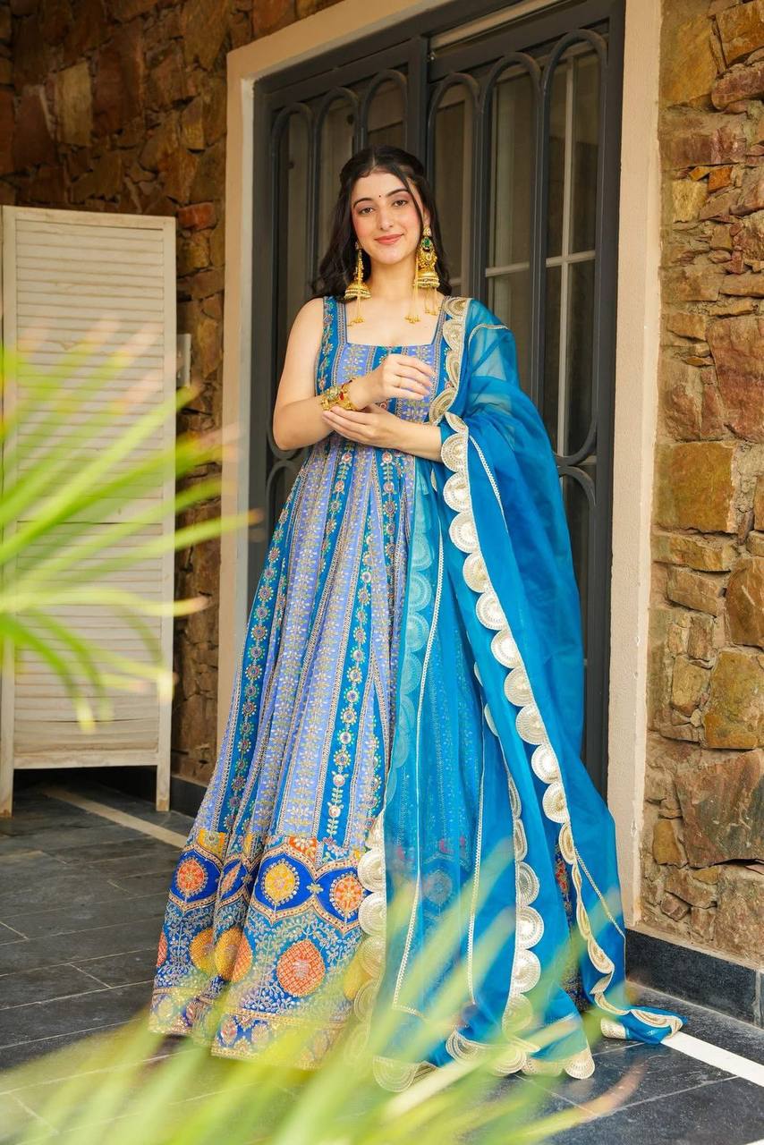 Digital Printed Jimmy Organza Silk Anarkali Gown with 8 Meter Flair | RoopRivaaj