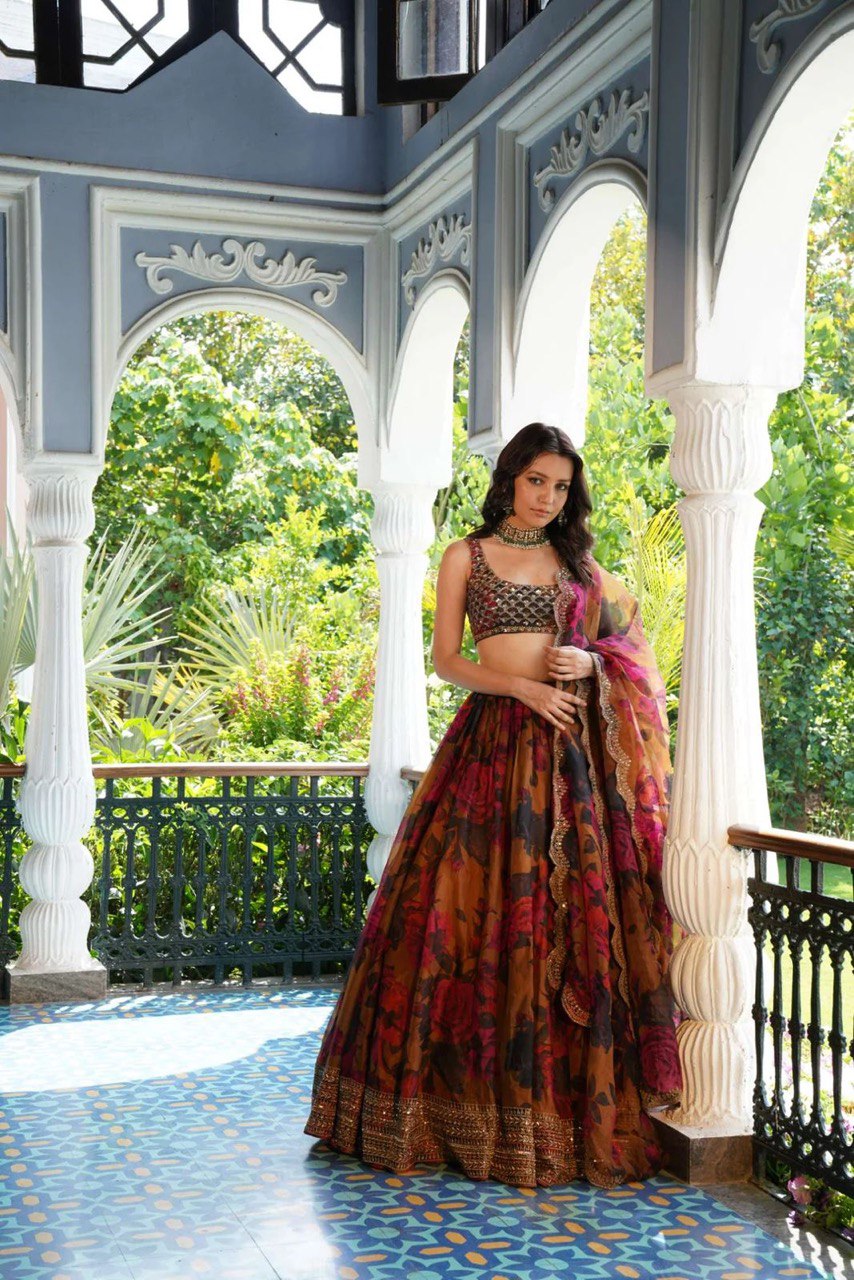 Floral Digital Print Tabby Organza Lehenga Choli Set | RoopRivaaj