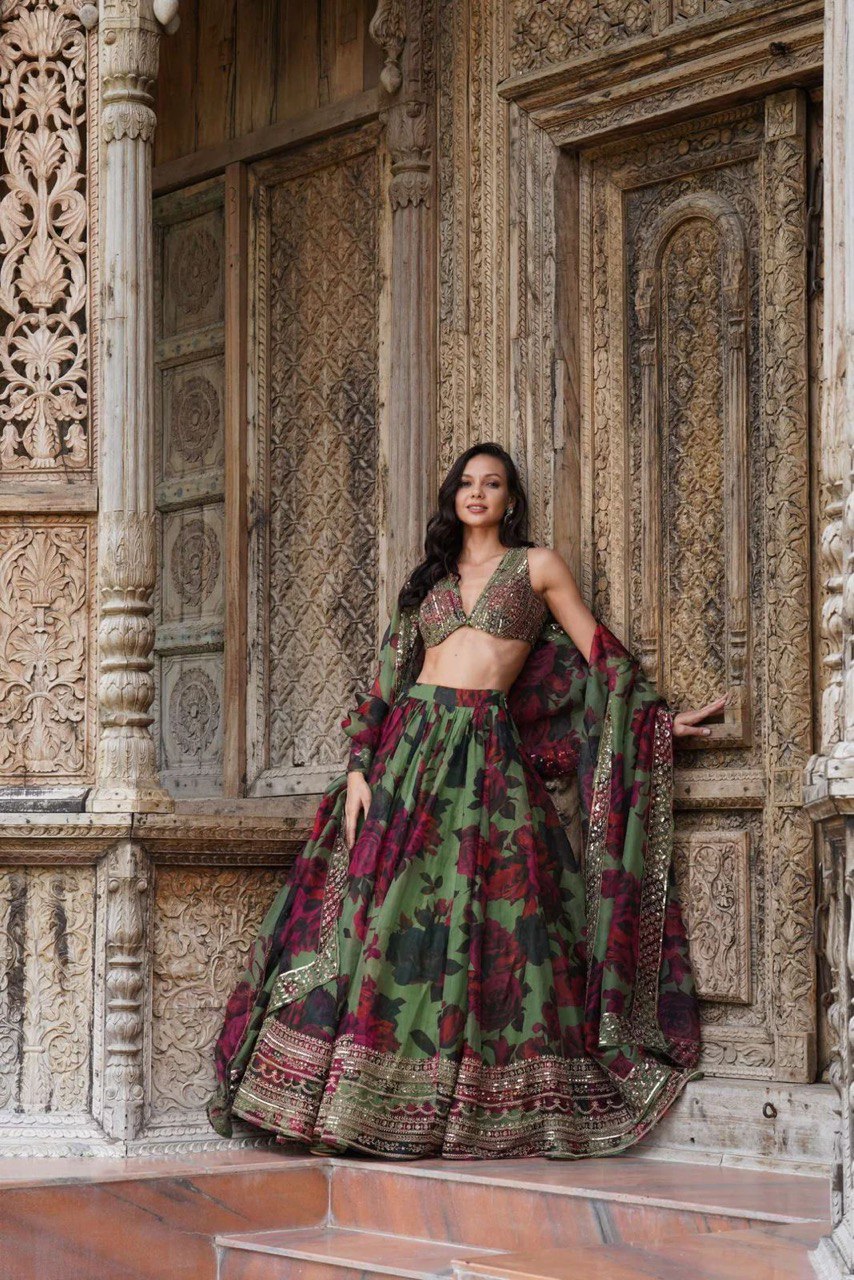 Floral Digital Print Tabby Organza Lehenga Choli Set | RoopRivaaj