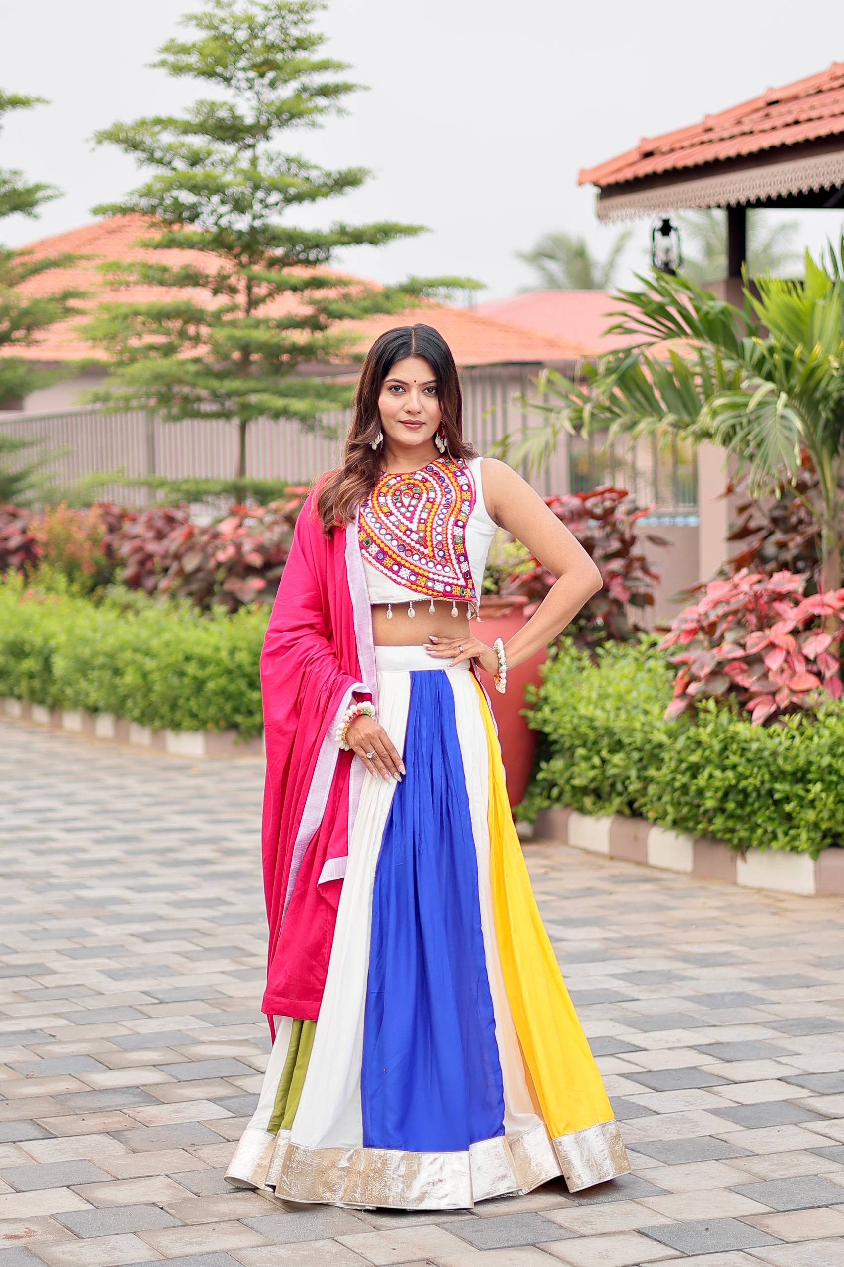 Gamthi Work Cotton Navratri Lehenga Choli with Dupatta & Hand Purse | RoopRivaaj