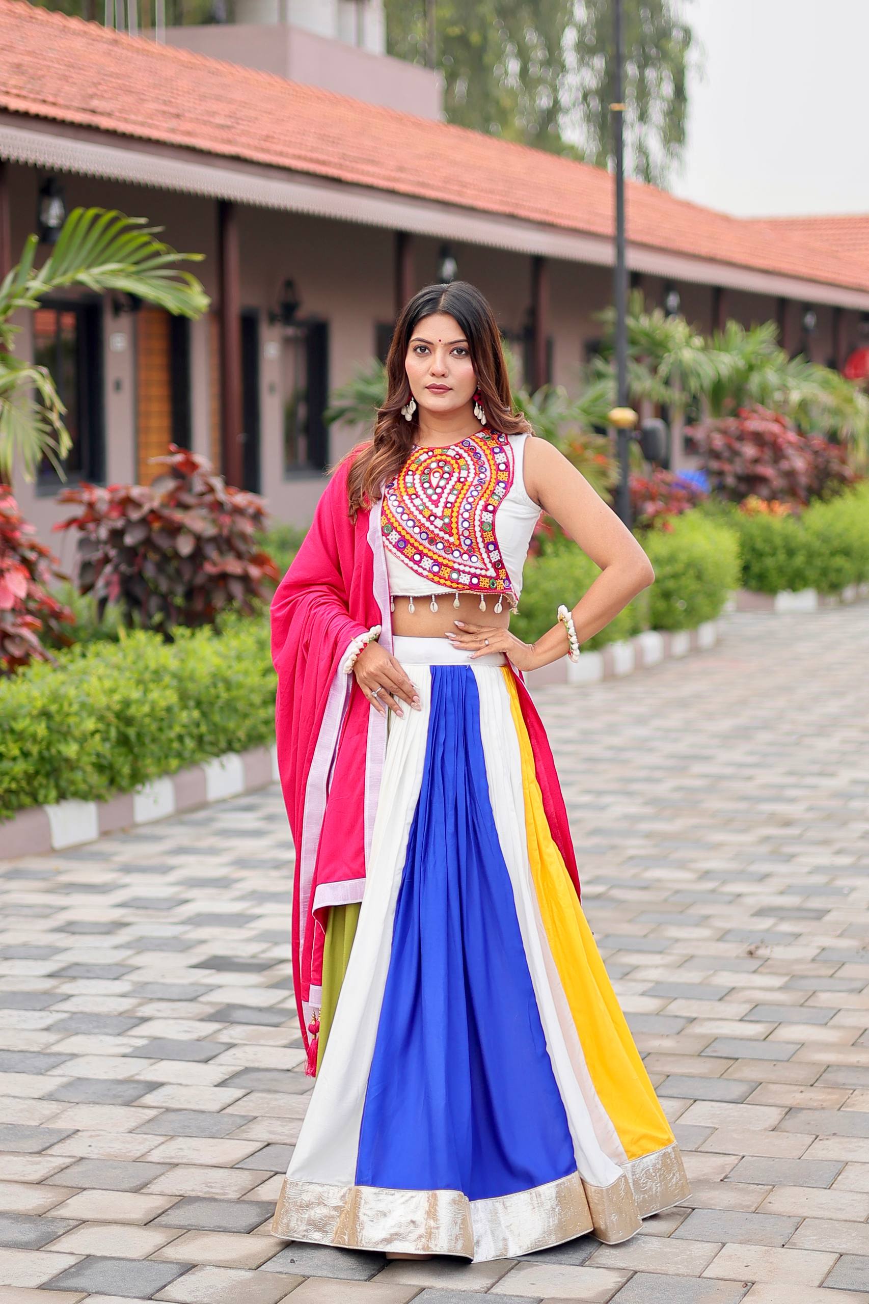 Gamthi Work Cotton Navratri Lehenga Choli with Dupatta & Hand Purse | RoopRivaaj