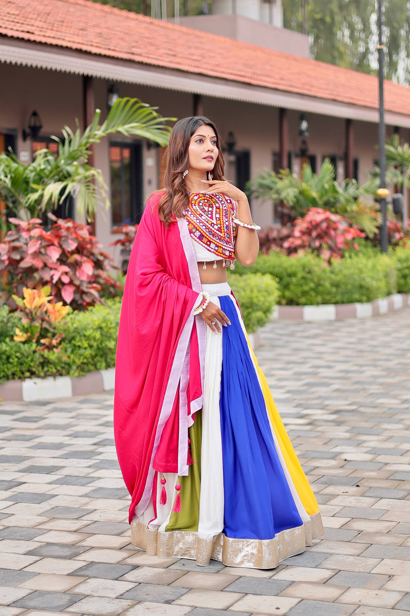Gamthi Work Cotton Navratri Lehenga Choli with Dupatta & Hand Purse | RoopRivaaj