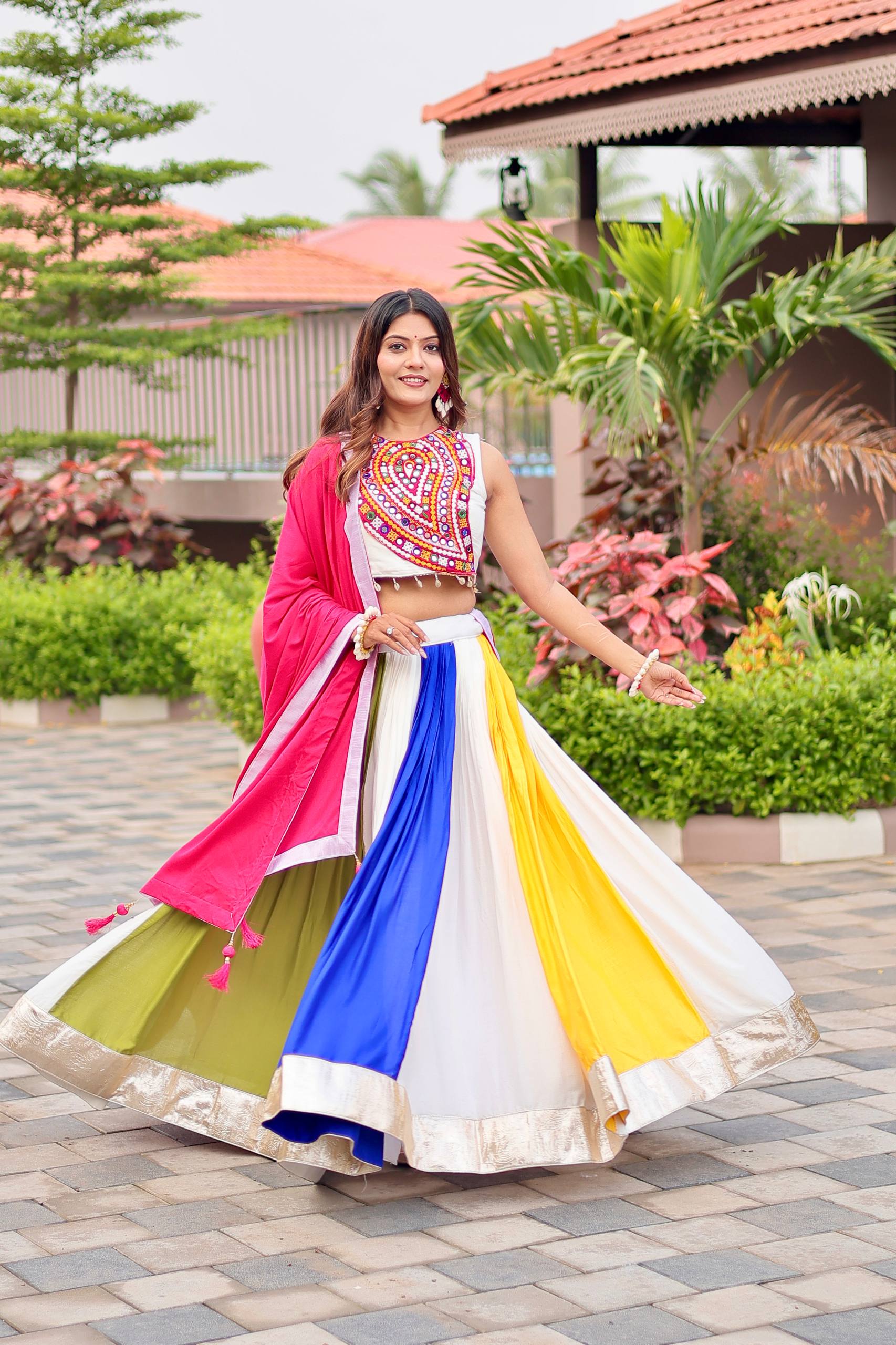 Gamthi Work Cotton Navratri Lehenga Choli with Dupatta & Hand Purse | RoopRivaaj