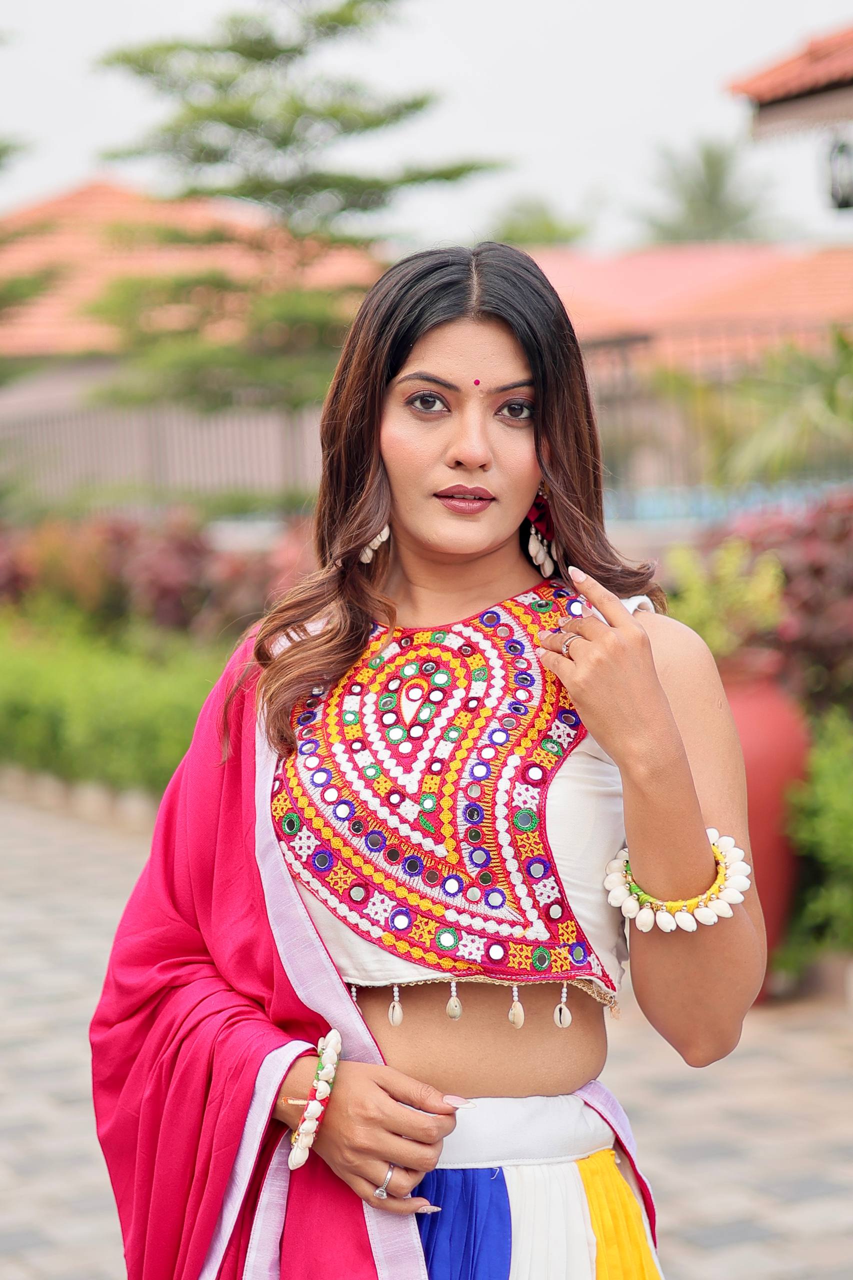 Gamthi Work Cotton Navratri Lehenga Choli with Dupatta & Hand Purse | RoopRivaaj