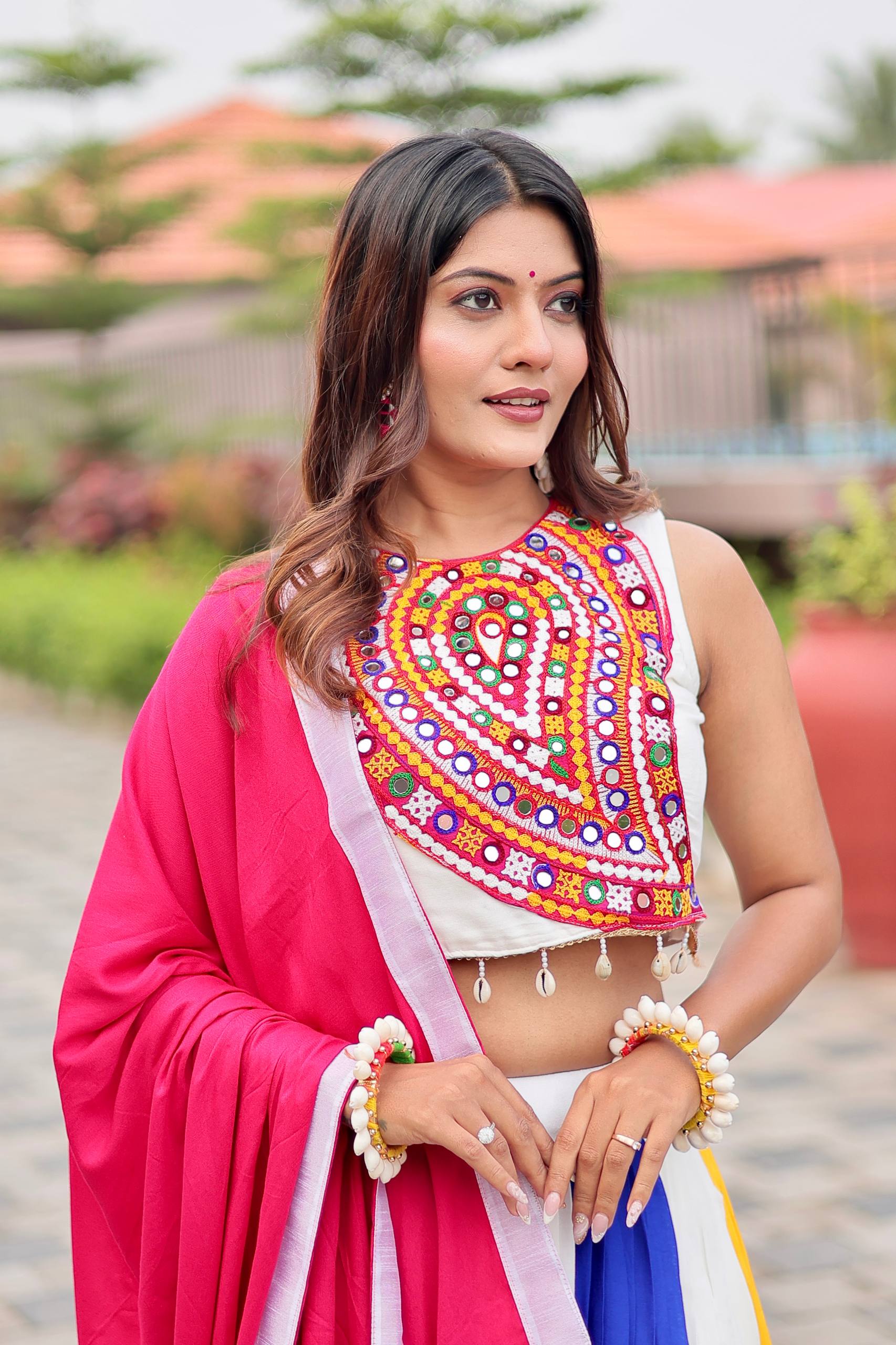 Gamthi Work Cotton Navratri Lehenga Choli with Dupatta & Hand Purse | RoopRivaaj