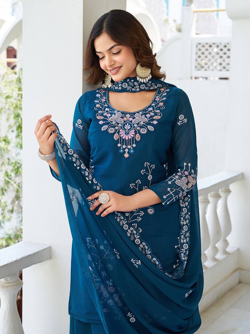 Designer Moti Work Kurti with Plazzo and Dupatta Set | RoopRivaaj