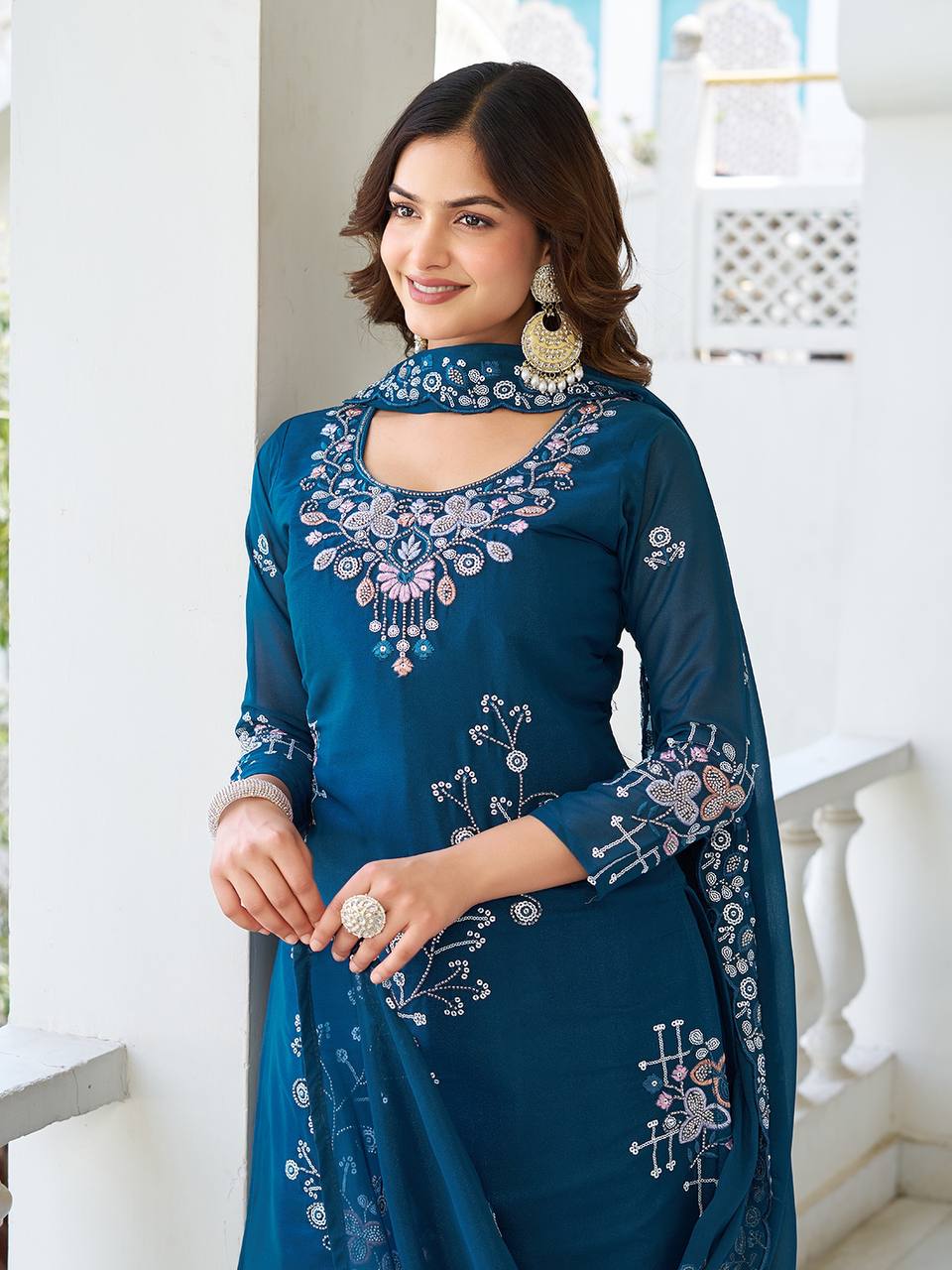 Designer Moti Work Kurti with Plazzo and Dupatta Set | RoopRivaaj