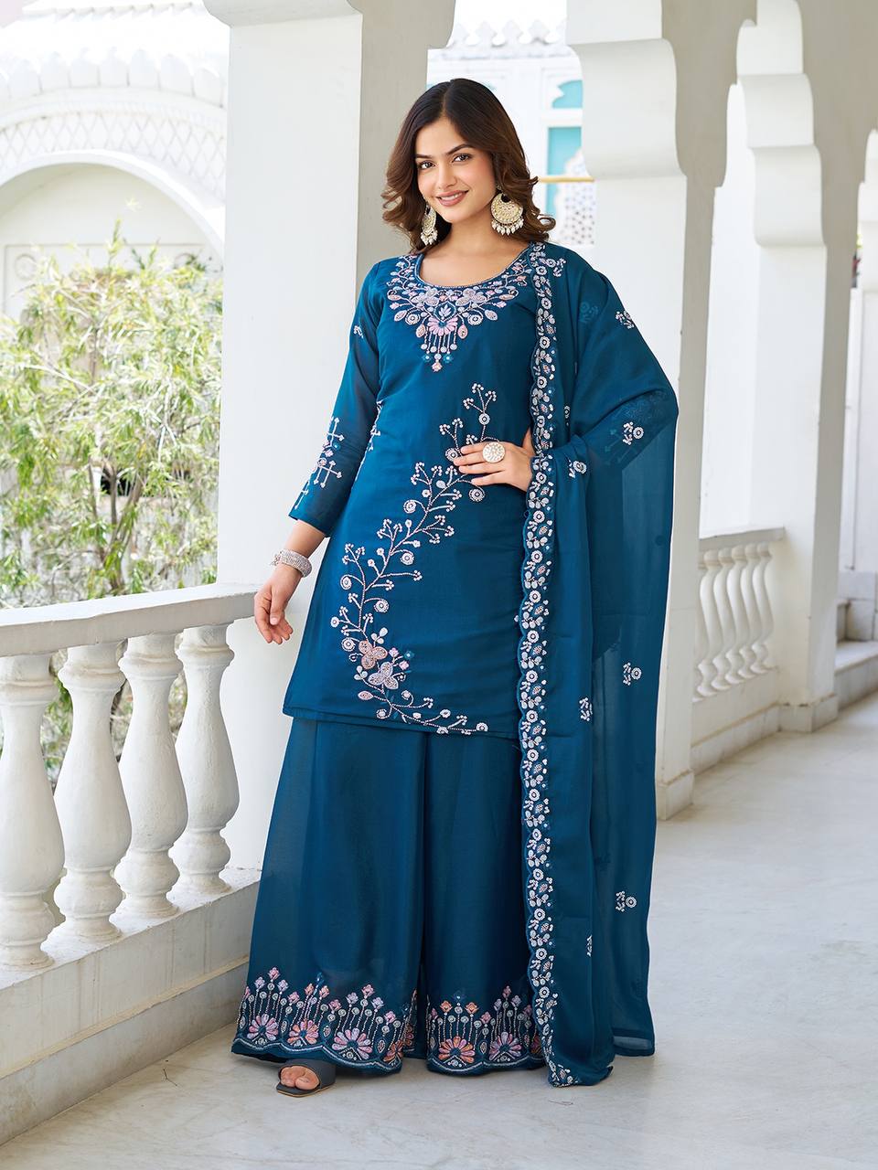 Designer Moti Work Kurti with Plazzo and Dupatta Set | RoopRivaaj