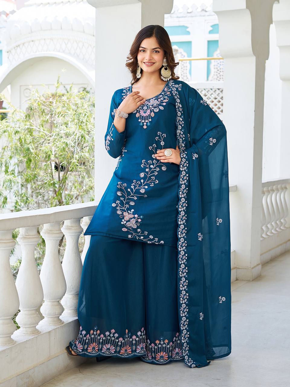 Designer Moti Work Kurti with Plazzo and Dupatta Set | RoopRivaaj