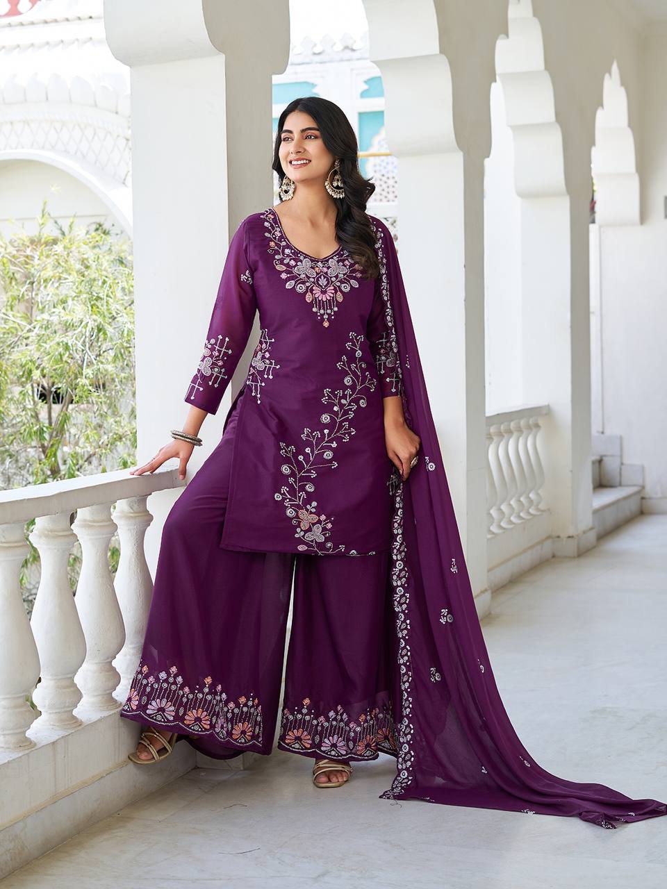 Designer Moti Work Kurti with Plazzo and Dupatta Set | RoopRivaaj