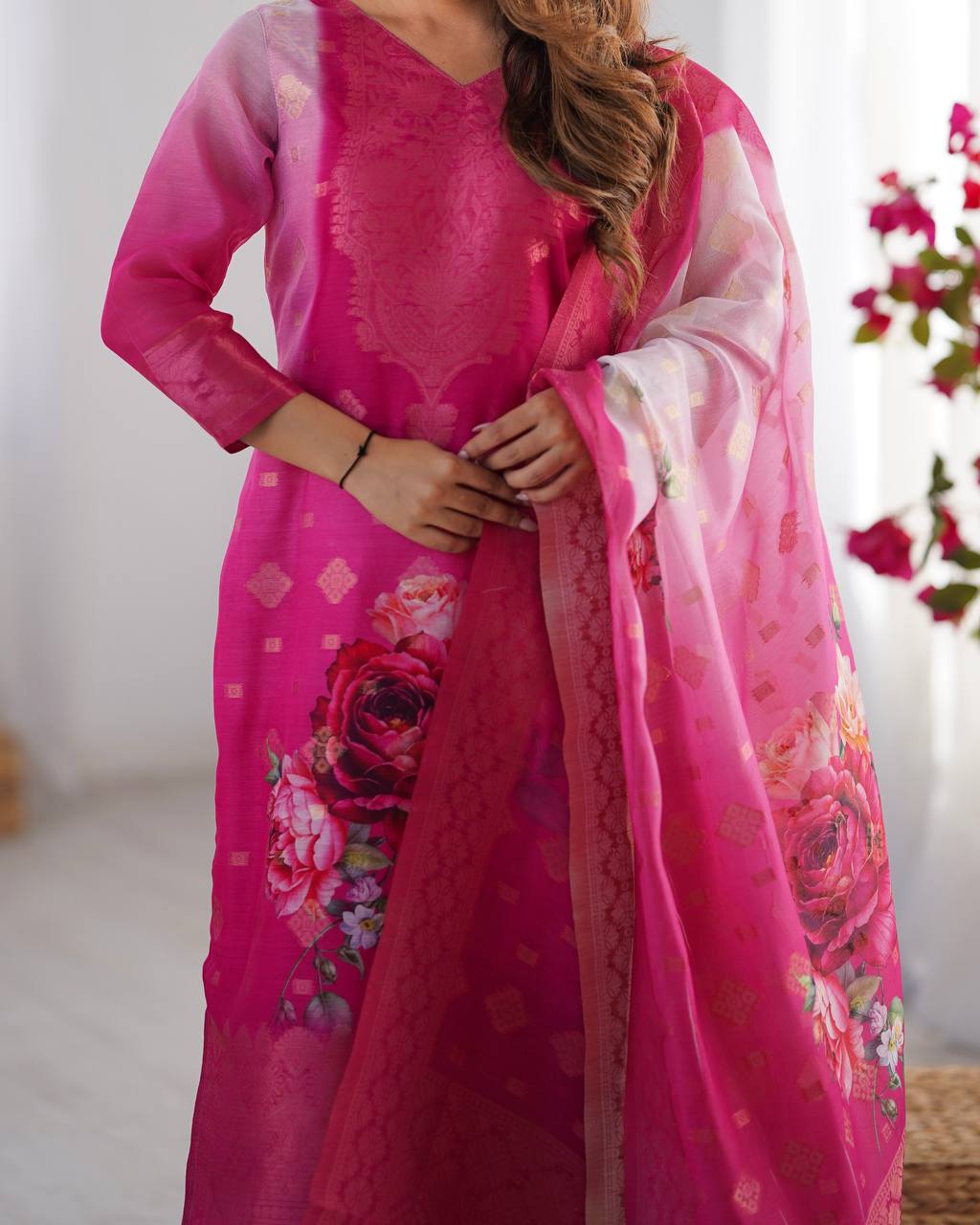 Chanderi Silk Digital Print Kurti Pant Dupatta Set | RoopRivaaj