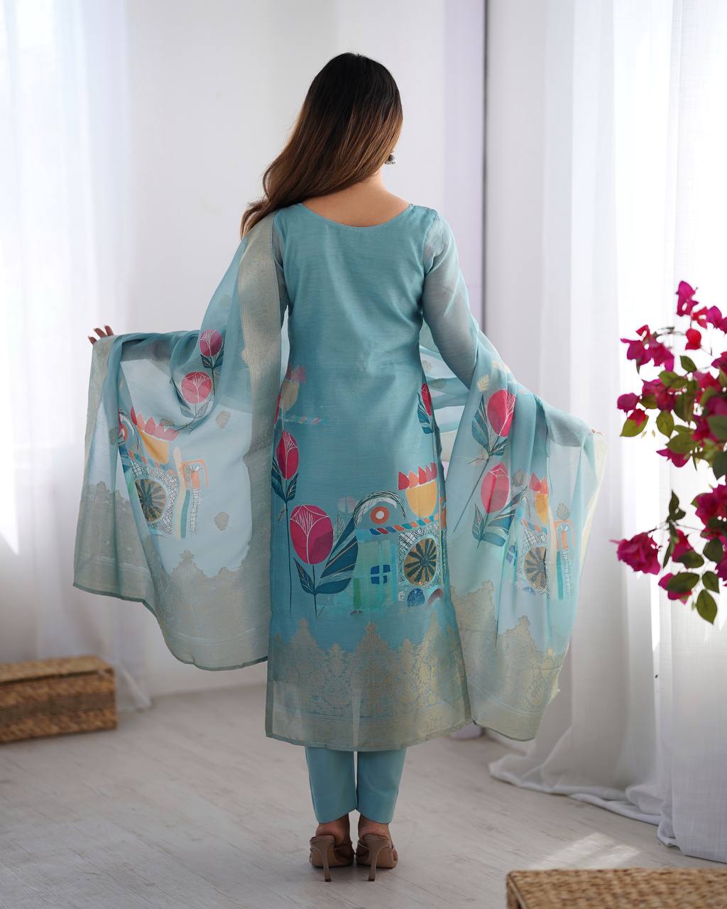 Chanderi Silk Digital Print Kurti Pant Dupatta Set | RoopRivaaj