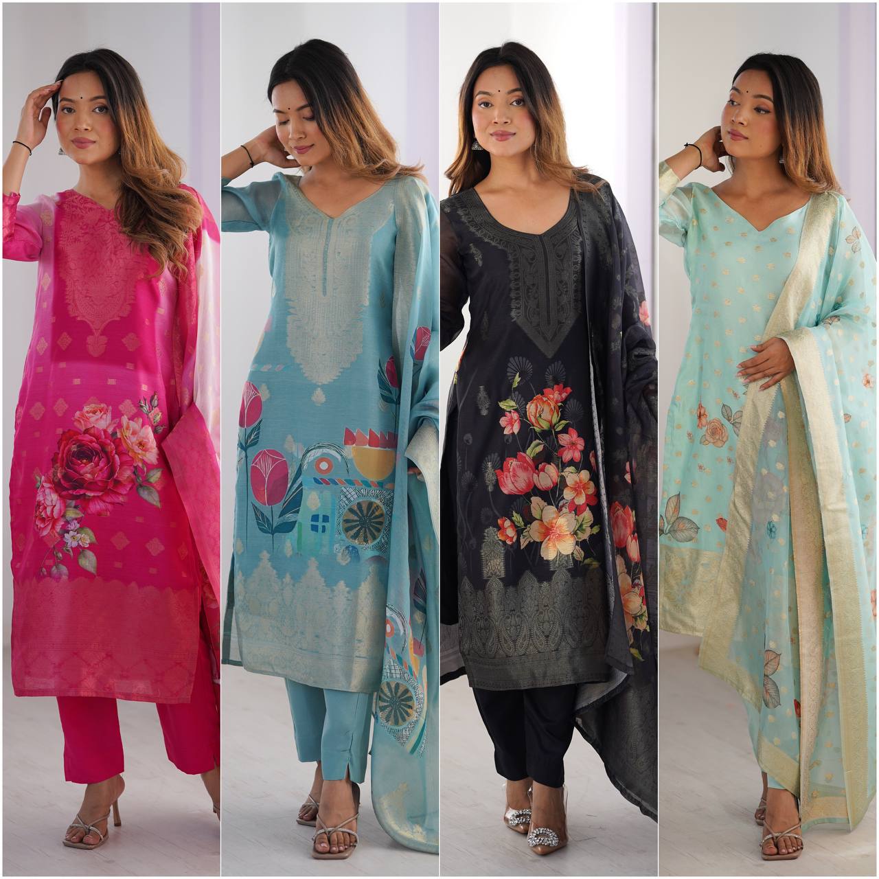 Chanderi Silk Digital Print Kurti Pant Dupatta Set | RoopRivaaj