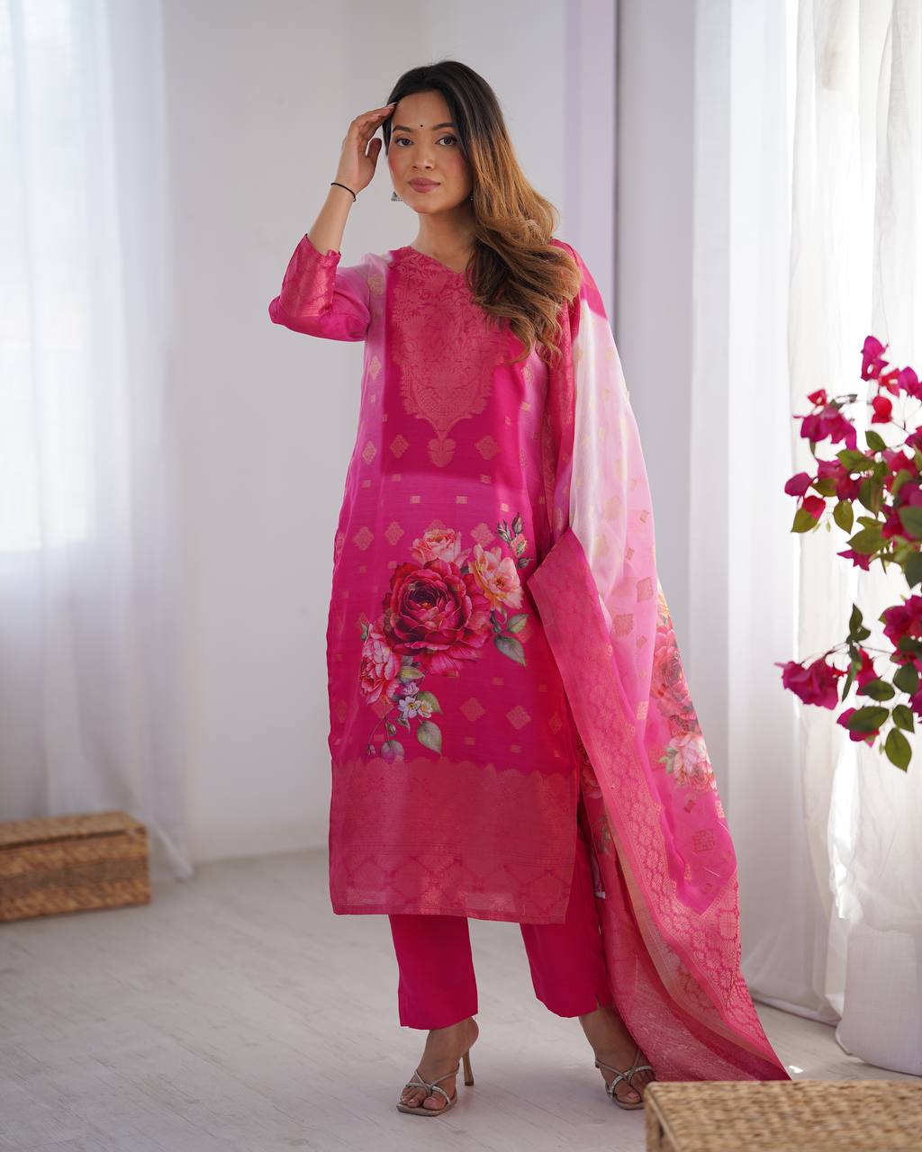 Chanderi Silk Digital Print Kurti Pant Dupatta Set | RoopRivaaj