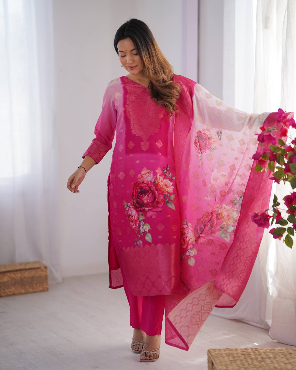 Chanderi Silk Digital Print Kurti Pant Dupatta Set | RoopRivaaj