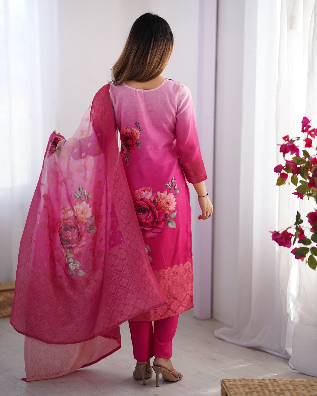 Chanderi Silk Digital Print Kurti Pant Dupatta Set | RoopRivaaj
