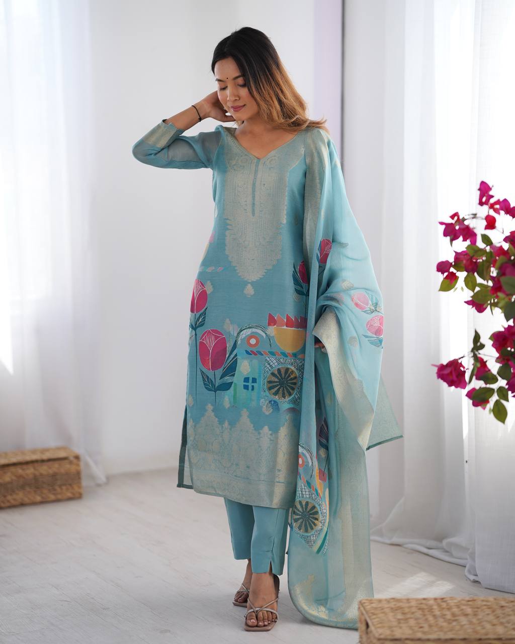 Chanderi Silk Digital Print Kurti Pant Dupatta Set | RoopRivaaj