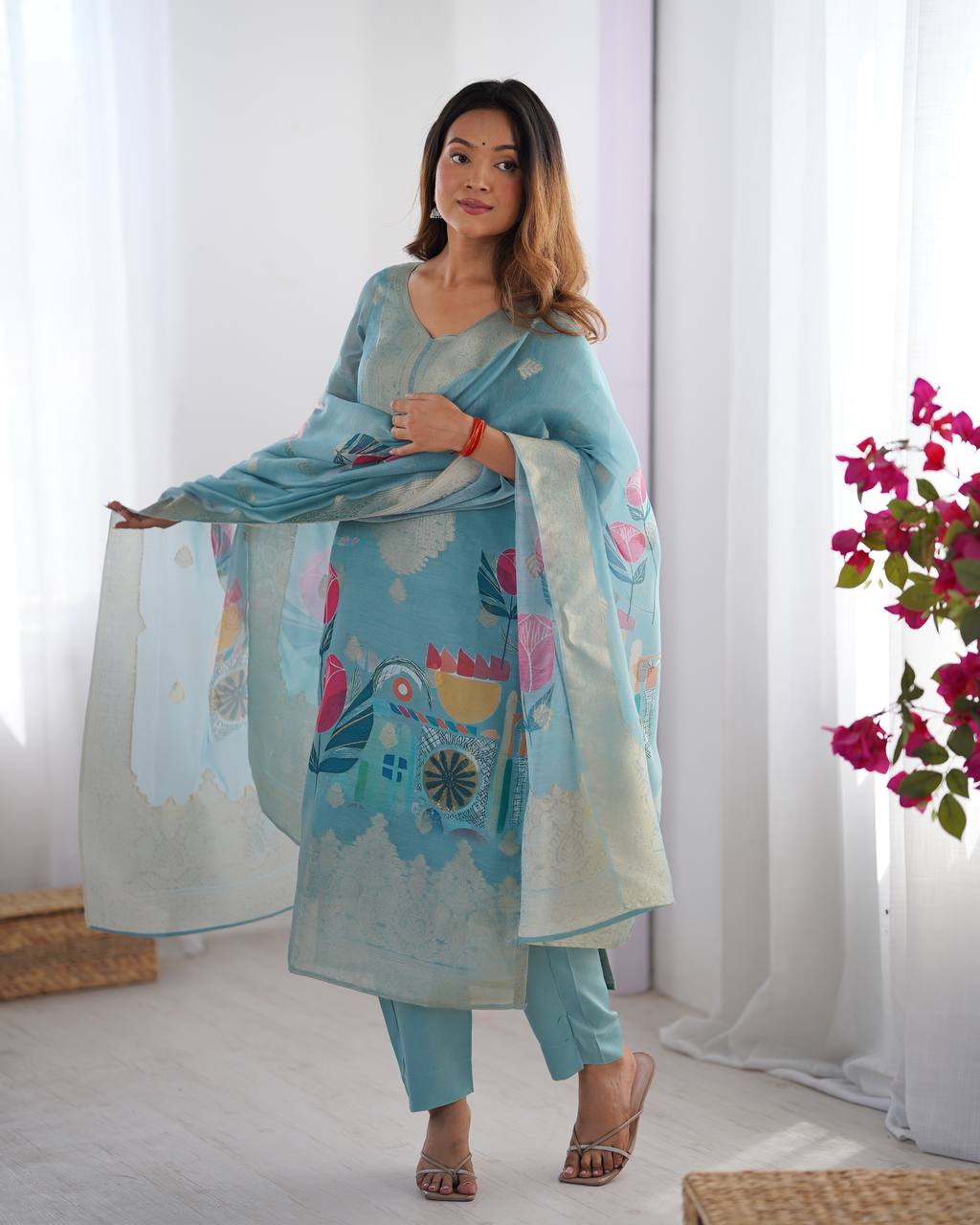 Chanderi Silk Digital Print Kurti Pant Dupatta Set | RoopRivaaj