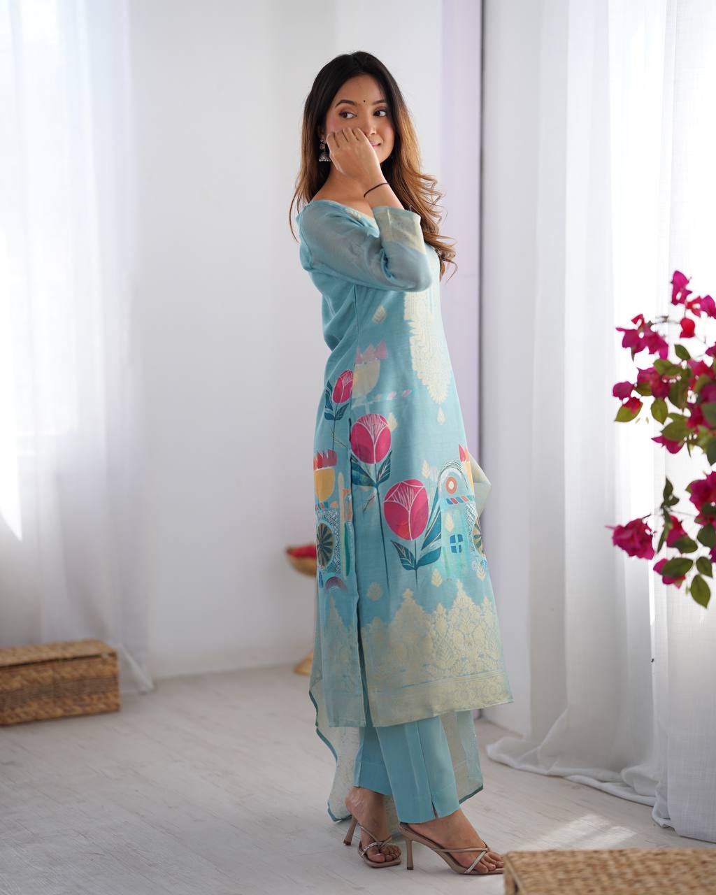 Chanderi Silk Digital Print Kurti Pant Dupatta Set | RoopRivaaj