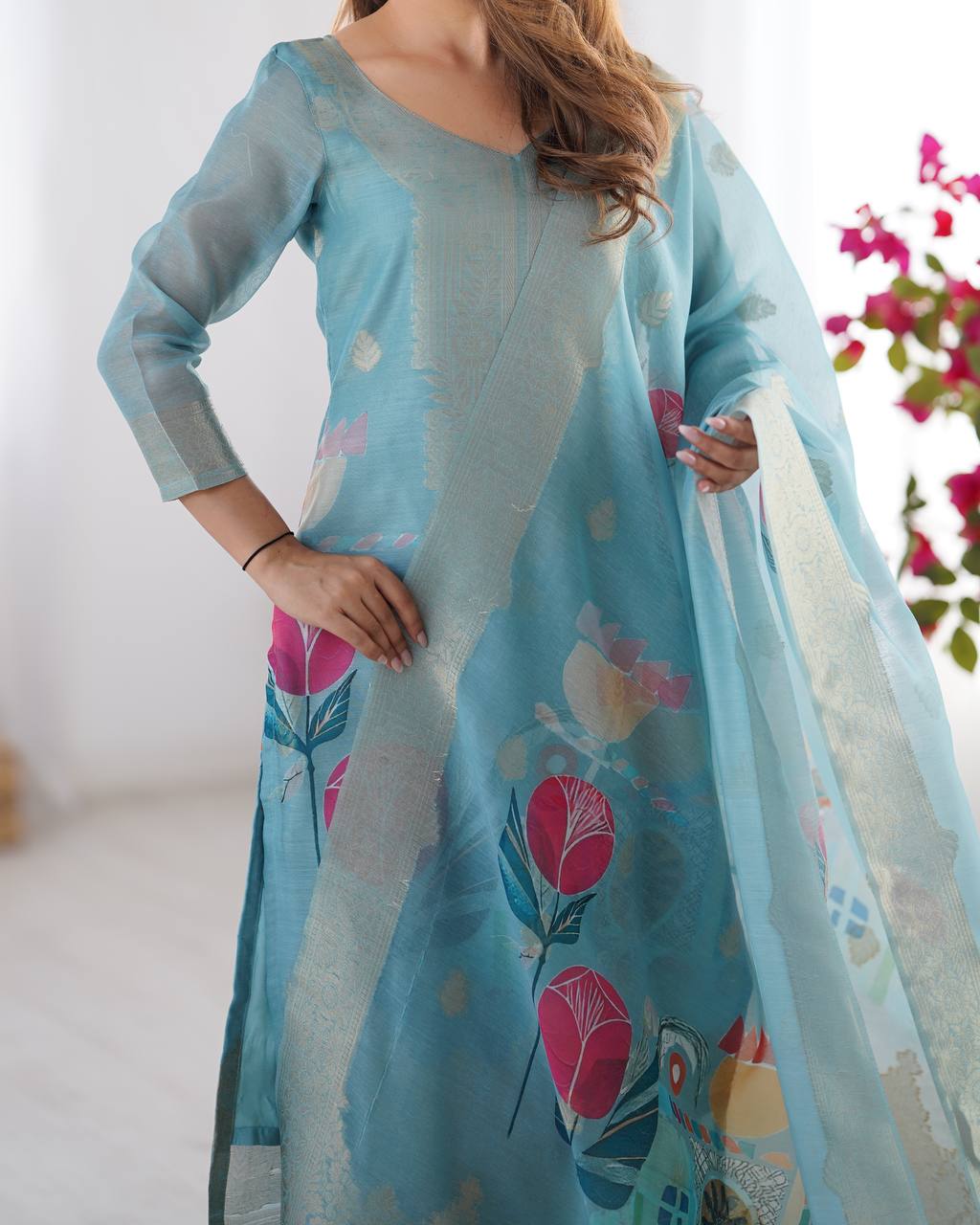 Chanderi Silk Digital Print Kurti Pant Dupatta Set | RoopRivaaj