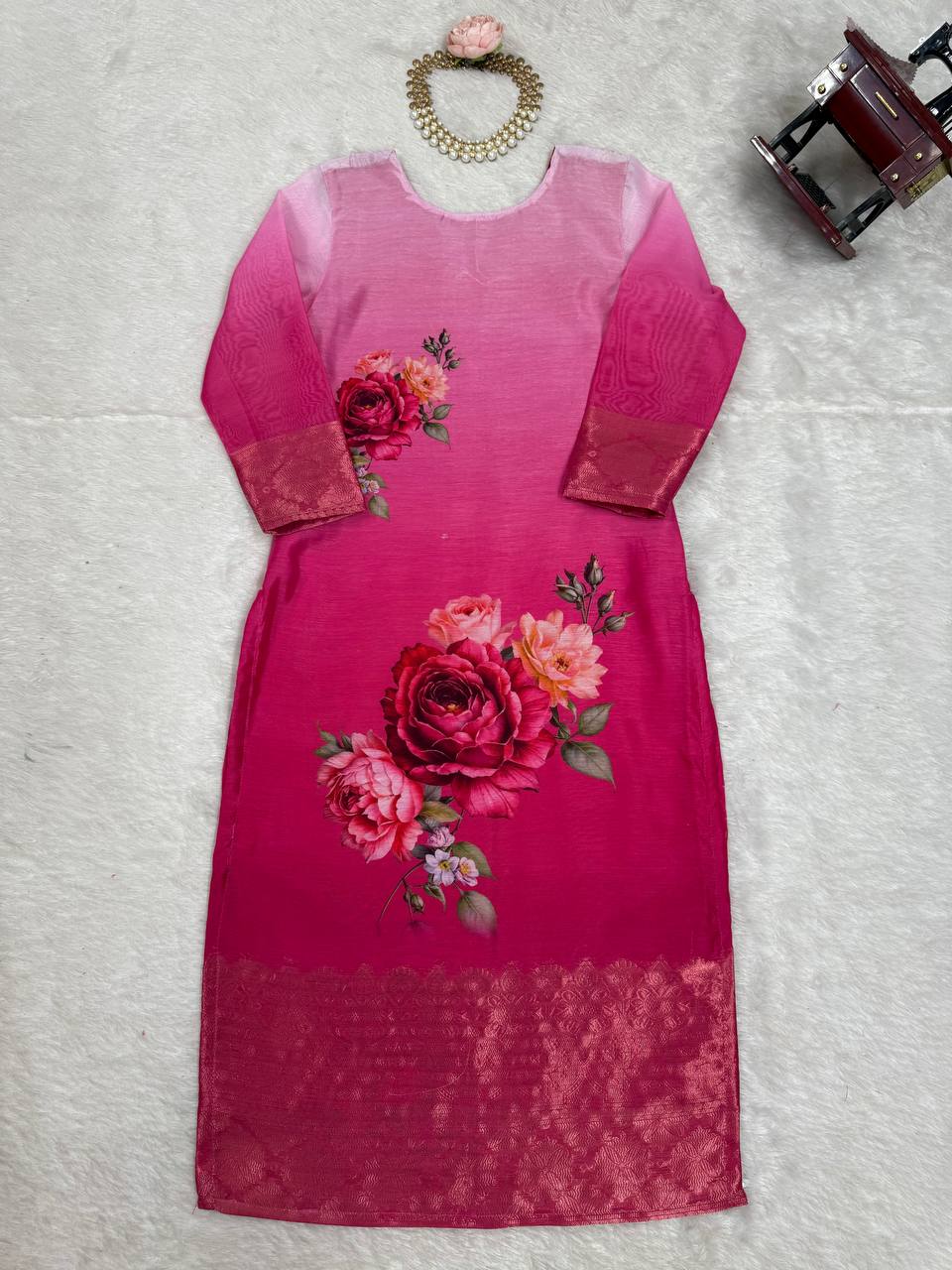 Chanderi Silk Digital Print Kurti Pant Dupatta Set | RoopRivaaj