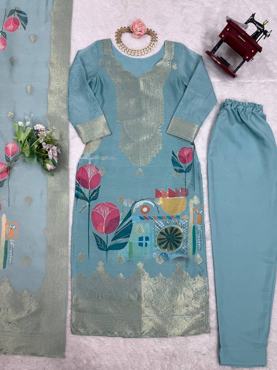 Chanderi Silk Digital Print Kurti Pant Dupatta Set | RoopRivaaj