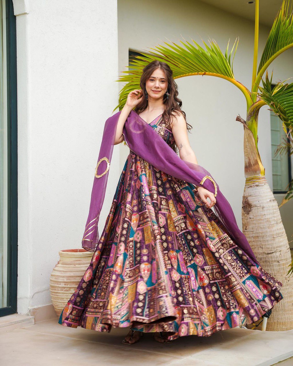 Jimmy Organza Silk Digital Printed Anarkali Gown with Grand 8 Meter Flair | RoopRivaaj