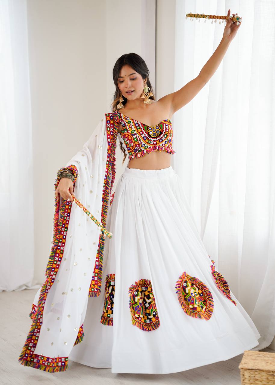 Gamthi Mirror Work Rayon Navratri Lehenga Choli Set | RoopRivaaj