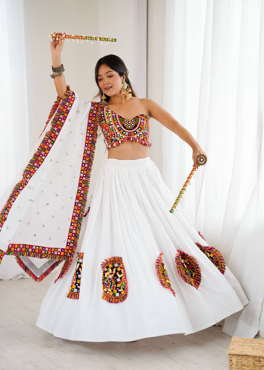 Gamthi Mirror Work Rayon Navratri Lehenga Choli Set | RoopRivaaj