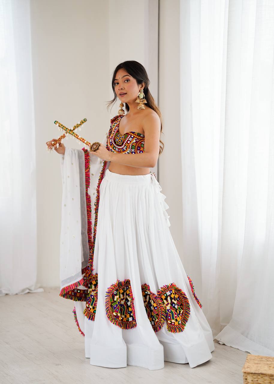 Gamthi Mirror Work Rayon Navratri Lehenga Choli Set | RoopRivaaj