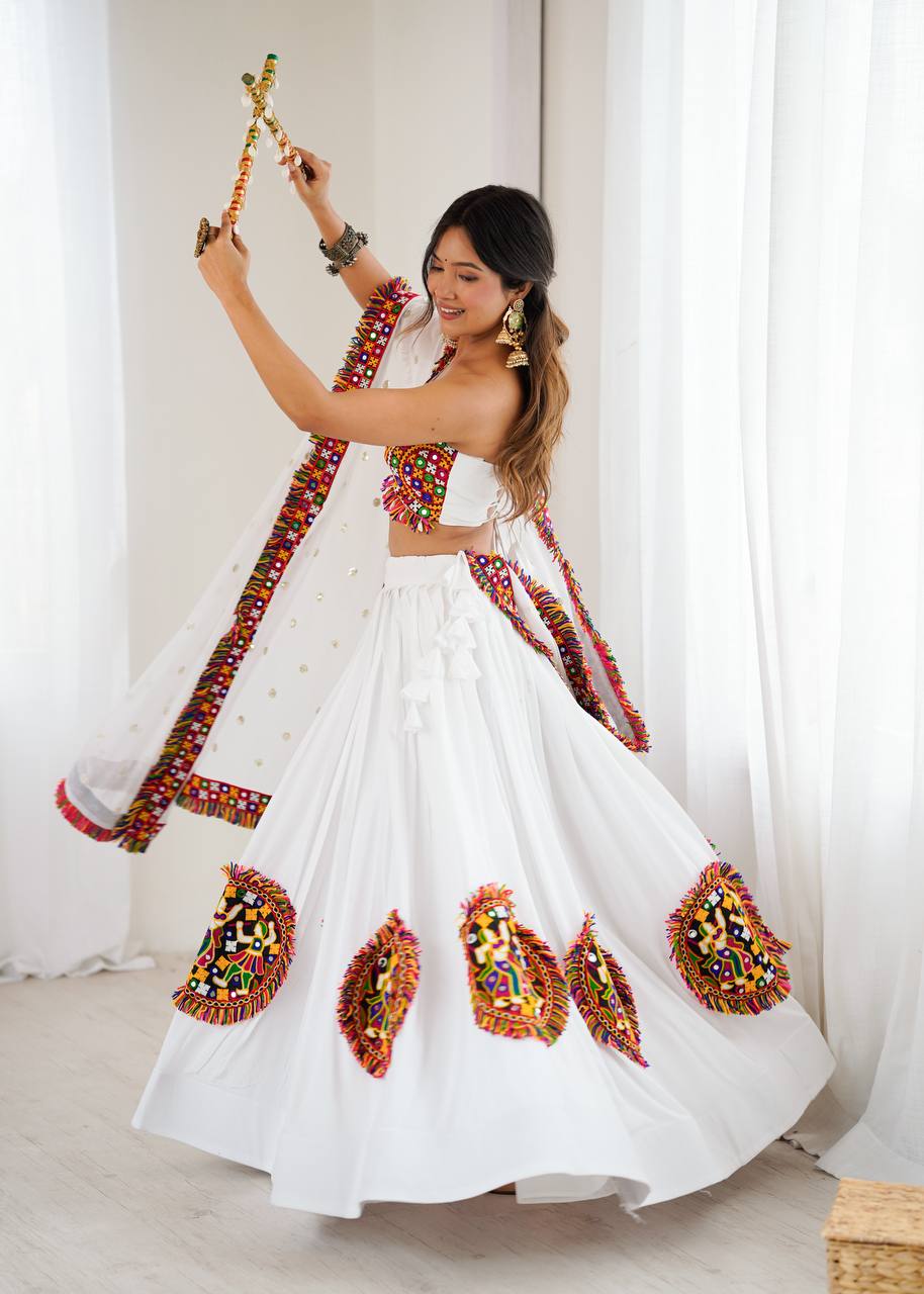 Gamthi Mirror Work Rayon Navratri Lehenga Choli Set | RoopRivaaj