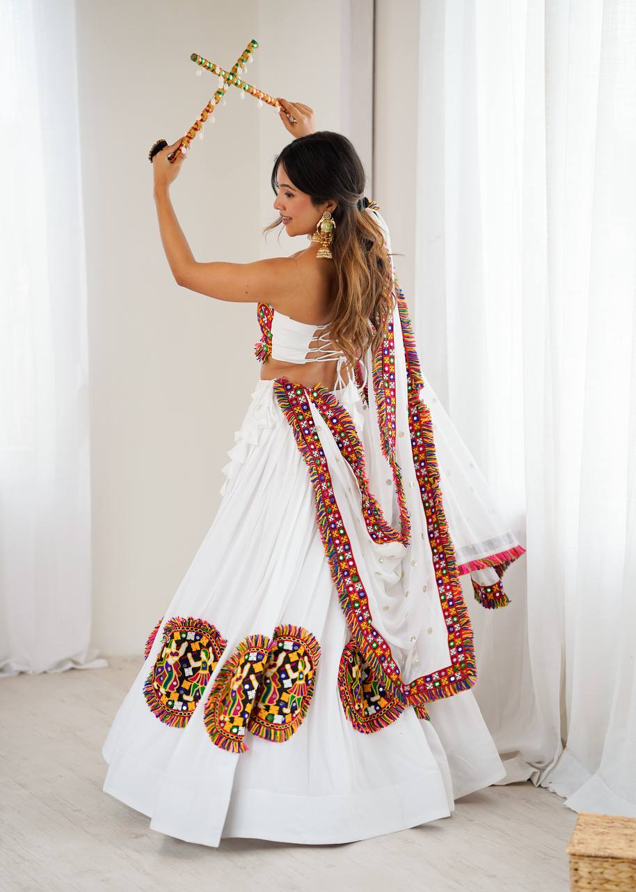 Gamthi Mirror Work Rayon Navratri Lehenga Choli Set | RoopRivaaj