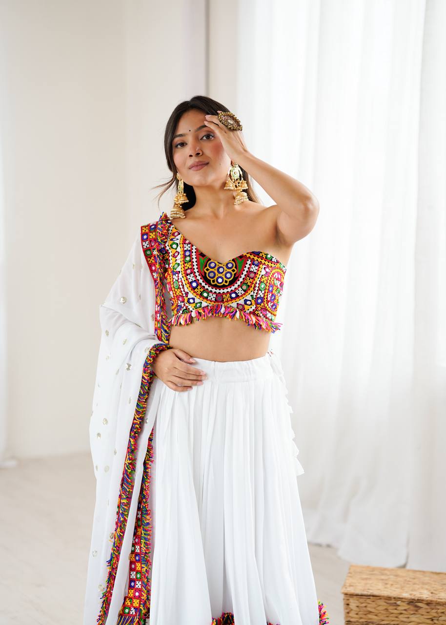 Gamthi Mirror Work Rayon Navratri Lehenga Choli Set | RoopRivaaj