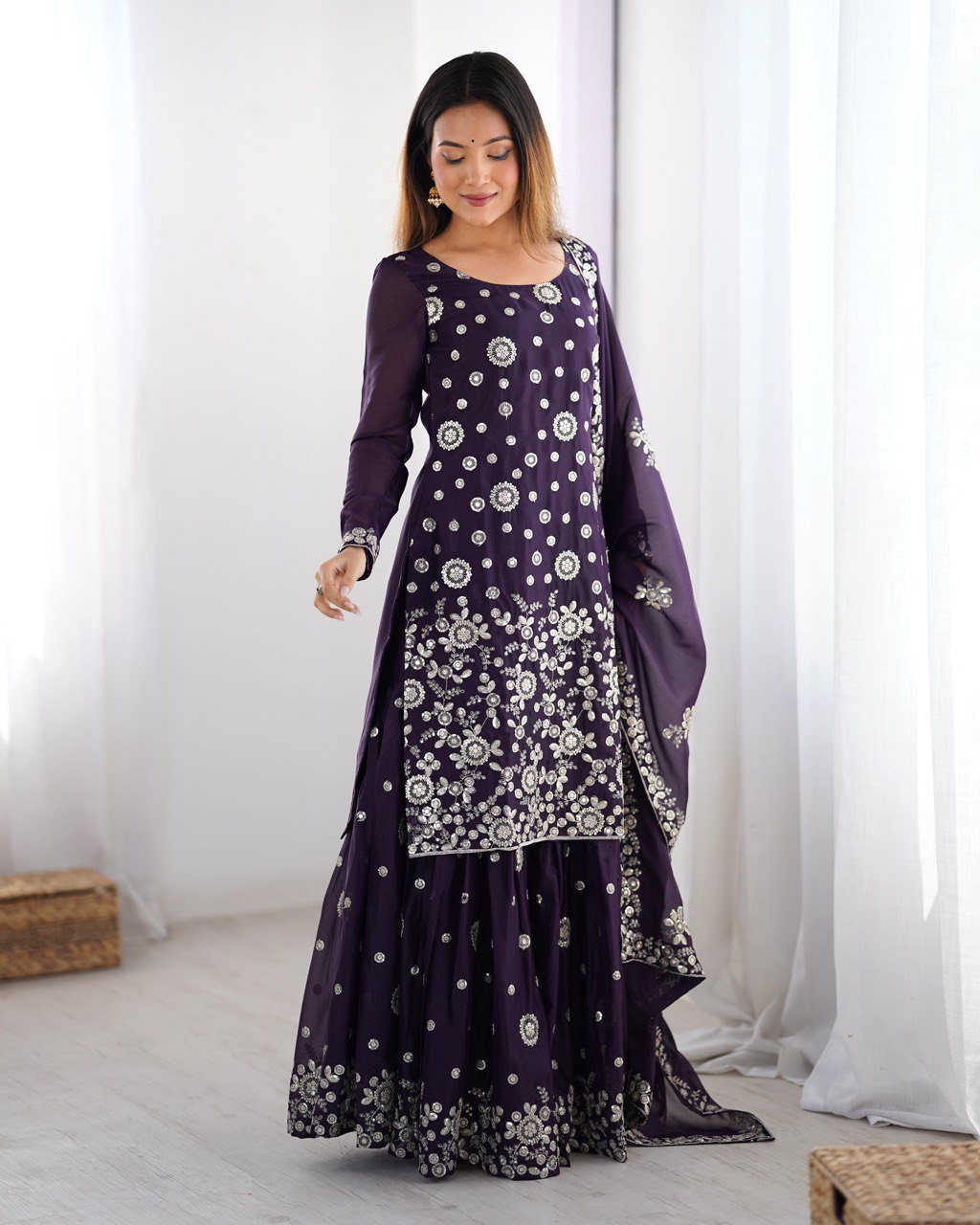 Star Georgette Sharara Set with Dual Side Embroidery | RoopRivaaj