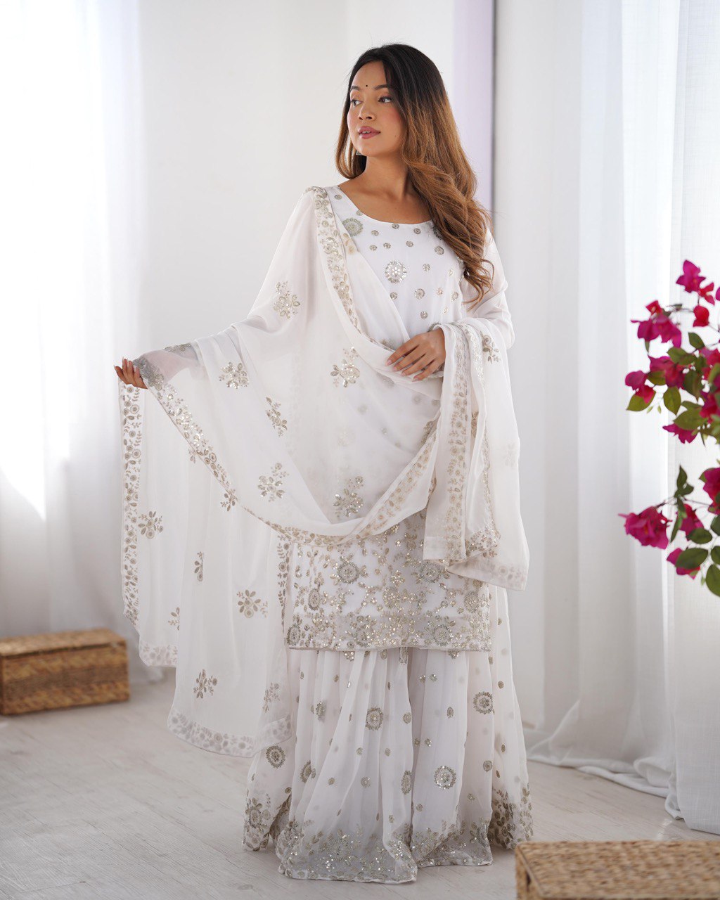 Star Georgette Sharara Set with Dual Side Embroidery | RoopRivaaj