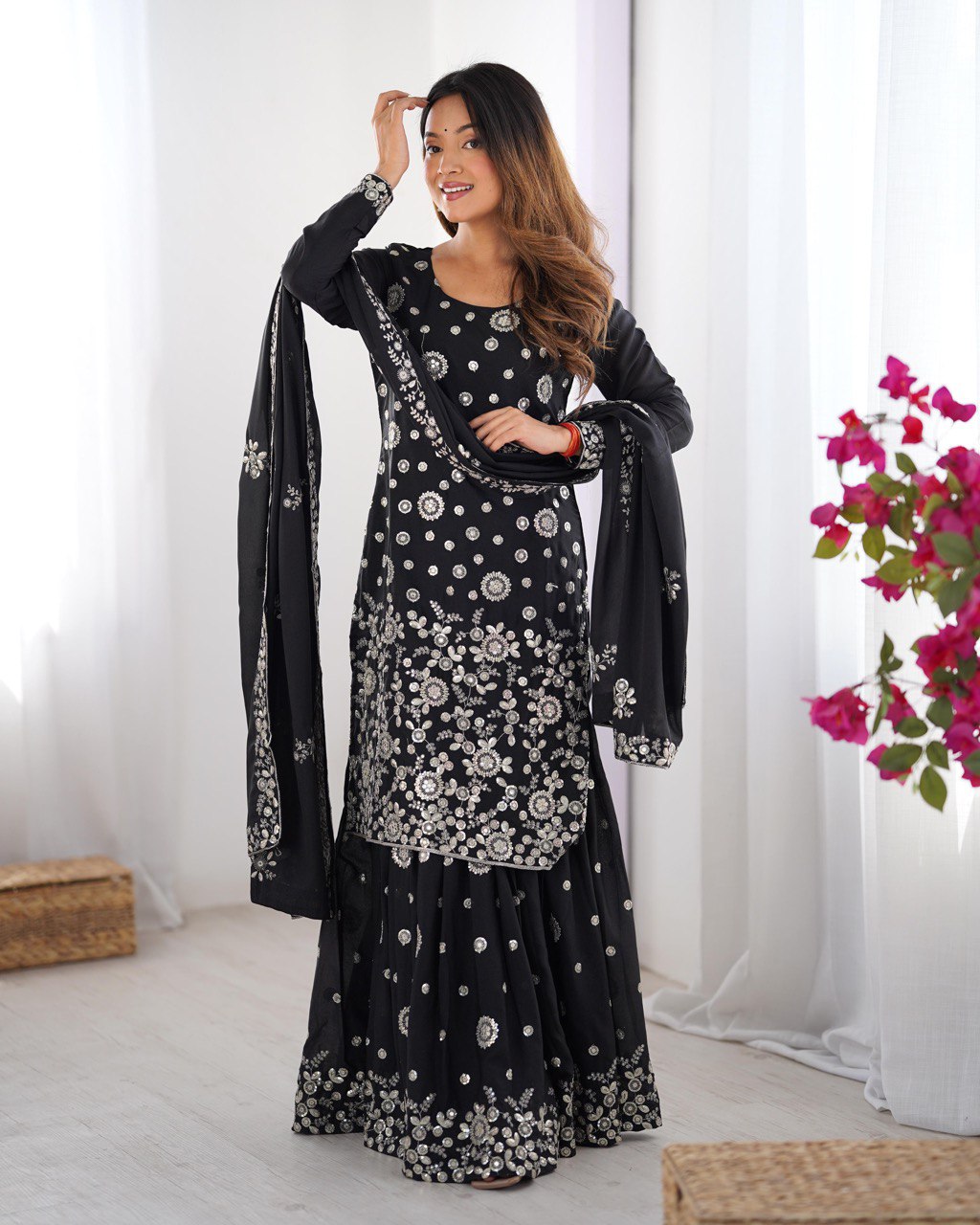 Star Georgette Sharara Set with Dual Side Embroidery | RoopRivaaj