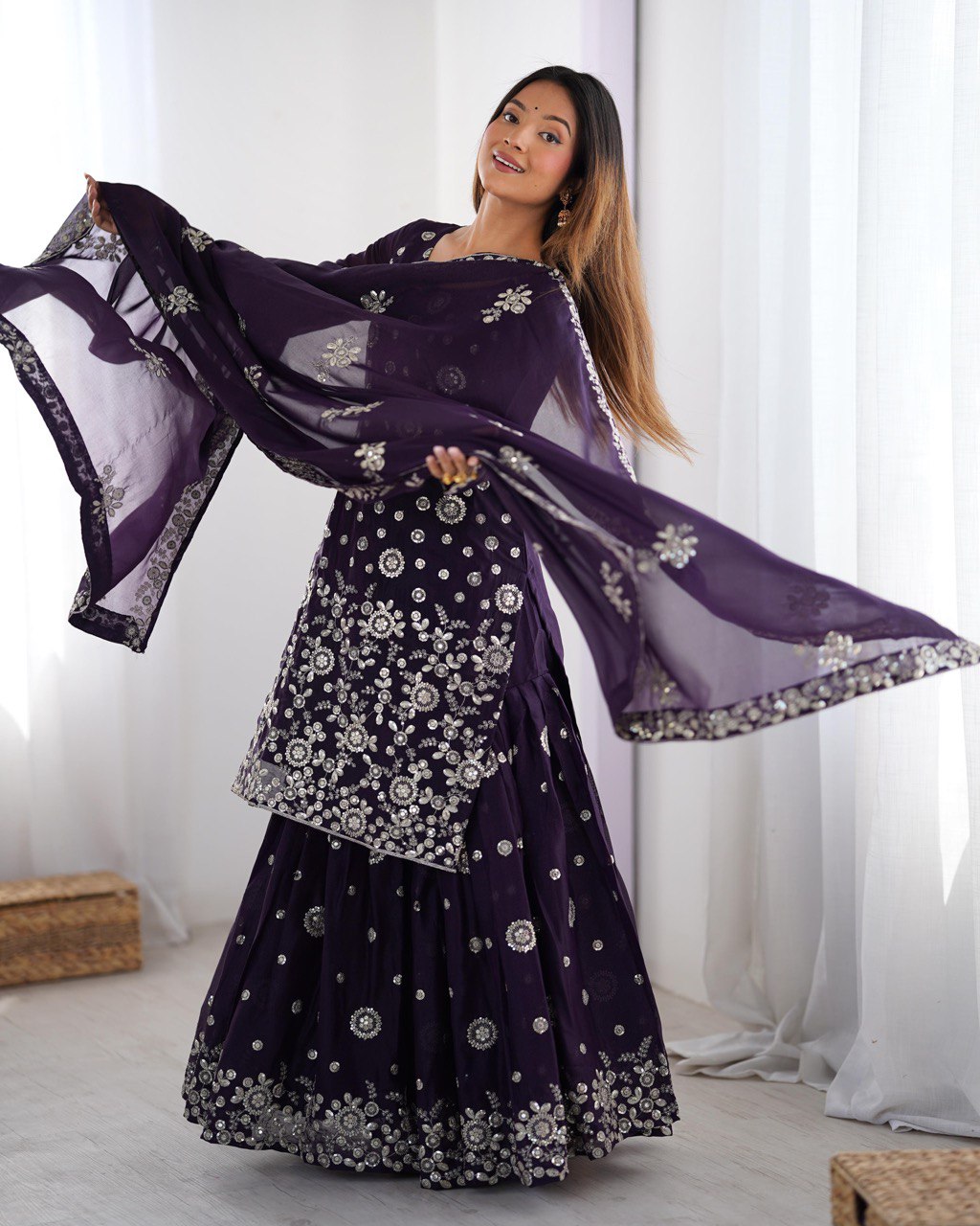 Star Georgette Sharara Set with Dual Side Embroidery | RoopRivaaj