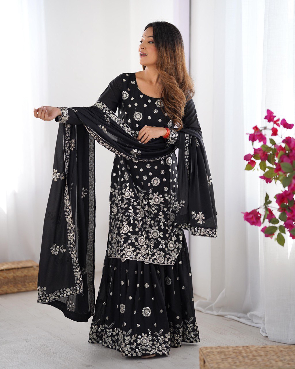 Star Georgette Sharara Set with Dual Side Embroidery | RoopRivaaj