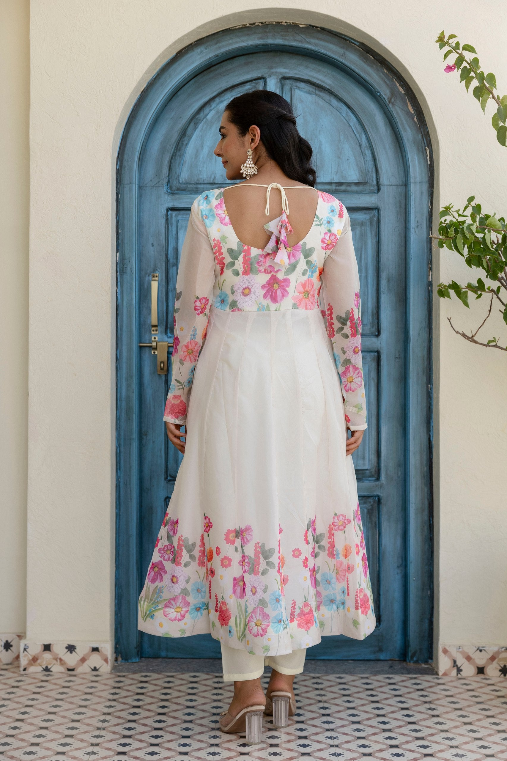 Floral Organza Silk Anarkali Set with Badla Zari | RoopRivaaj