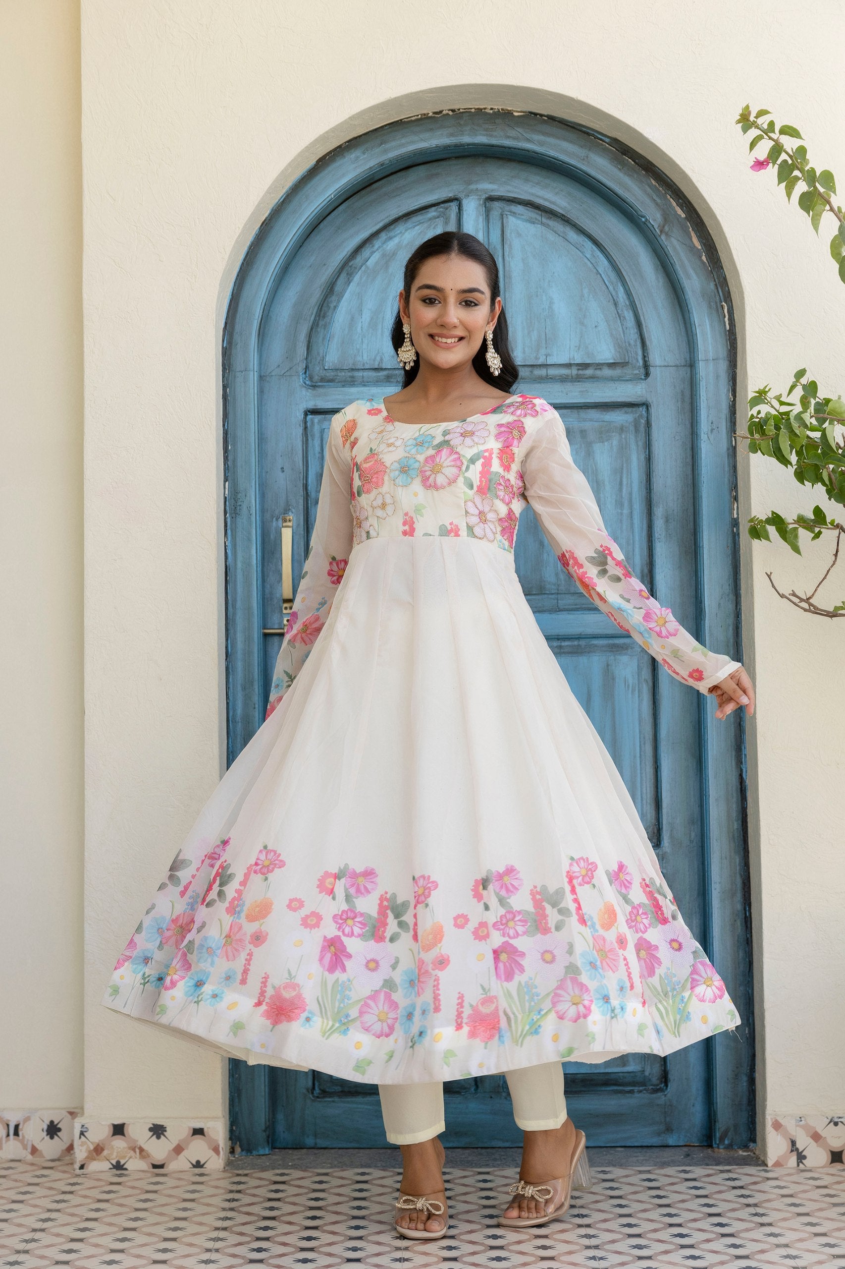 Floral Organza Silk Anarkali Set with Badla Zari | RoopRivaaj