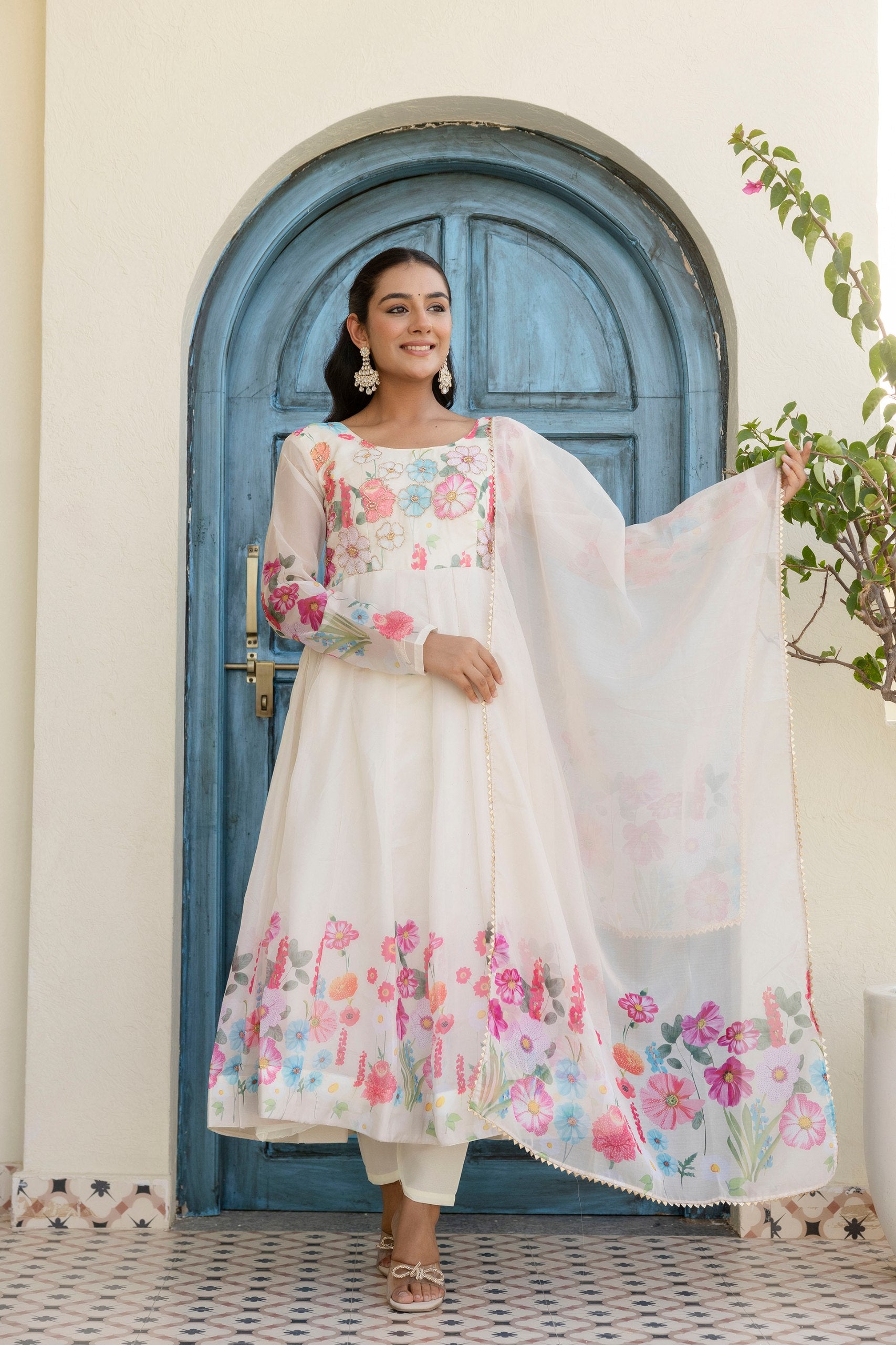 Floral Organza Silk Anarkali Set with Badla Zari | RoopRivaaj