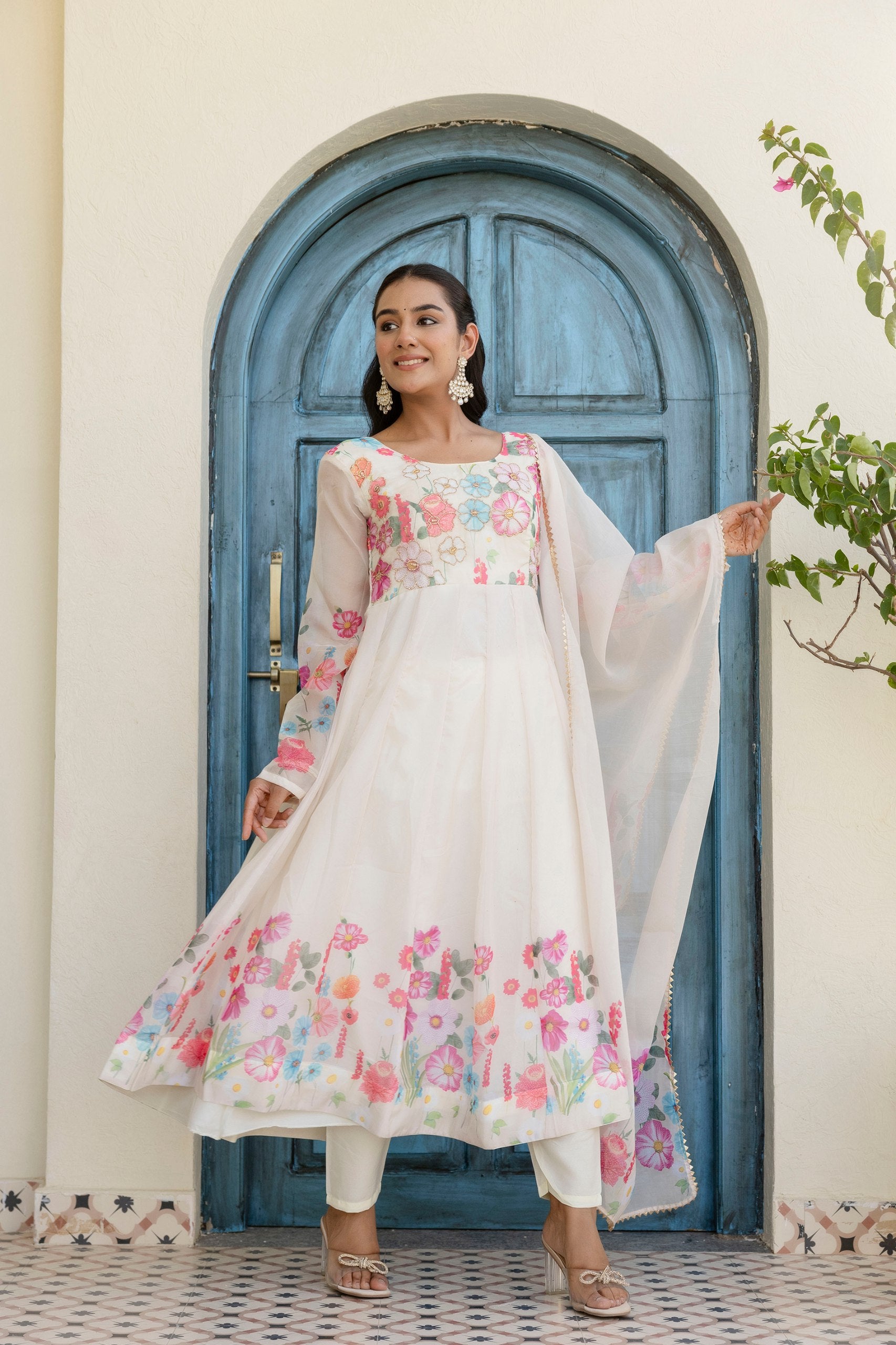 Floral Organza Silk Anarkali Set with Badla Zari | RoopRivaaj