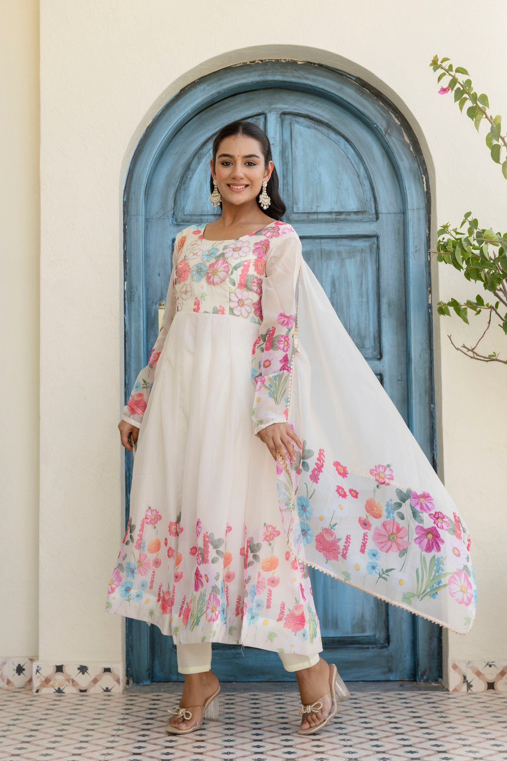 Floral Organza Silk Anarkali Set with Badla Zari | RoopRivaaj